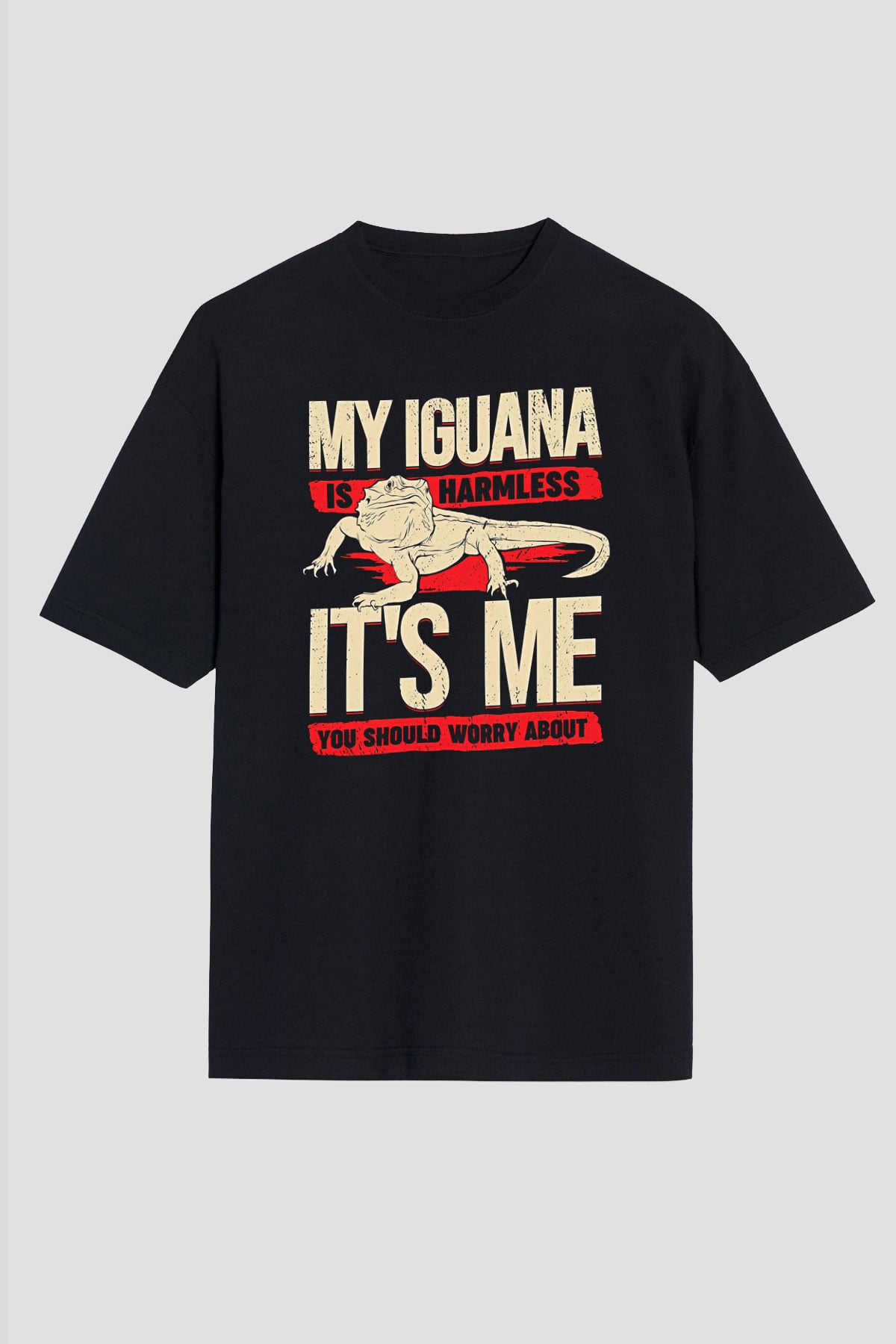 İguana Baskılı Unisex Siyah Oversize Tişört - Tshirt