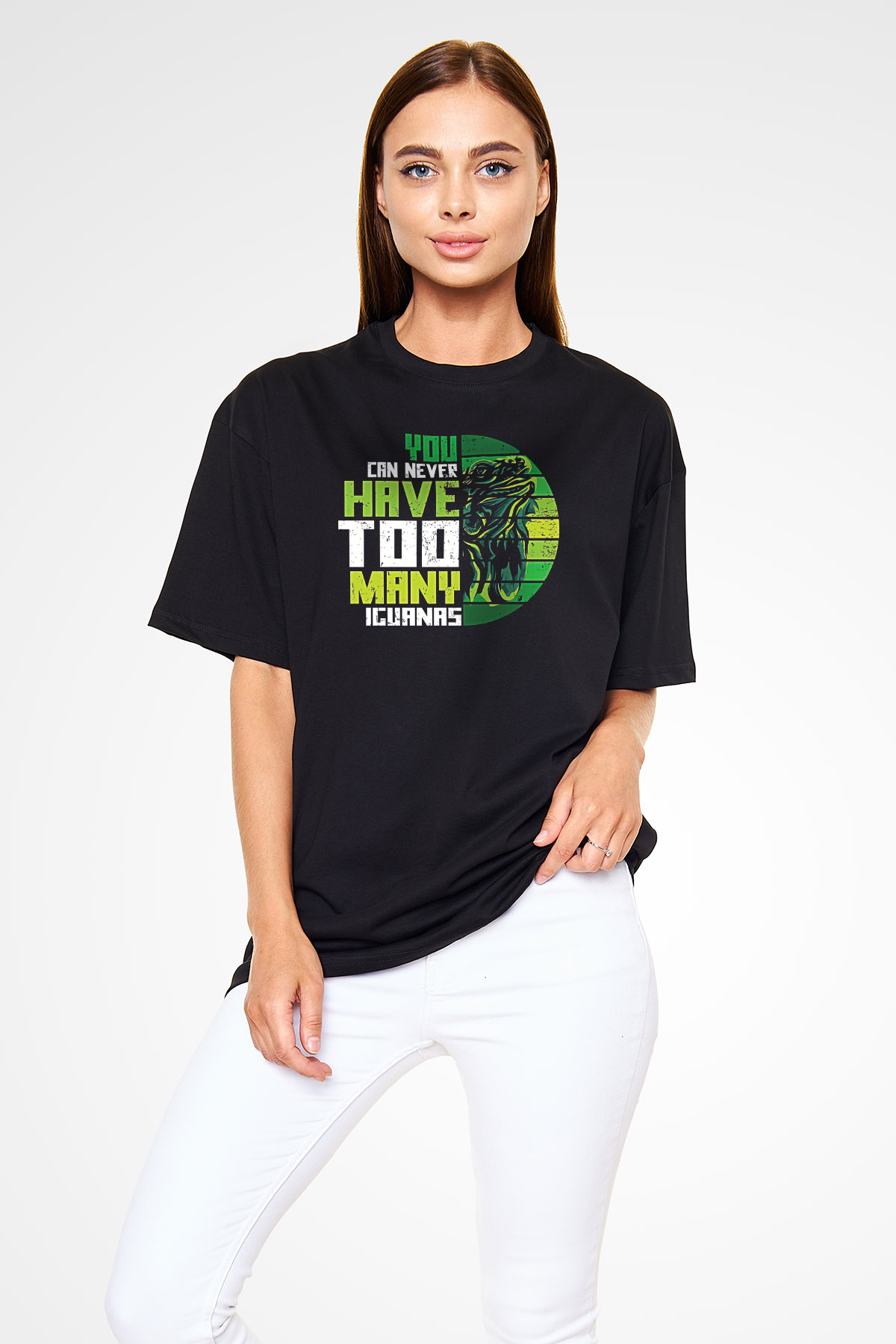 İguana Baskılı Unisex Siyah Oversize Tişört - Tshirt