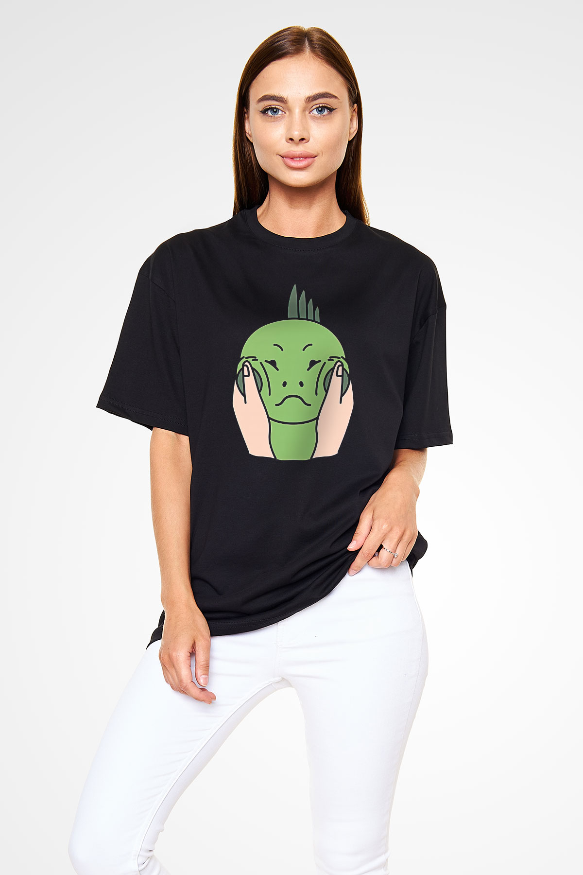 İguana Baskılı Unisex Siyah Oversize Tişört - Tshirt