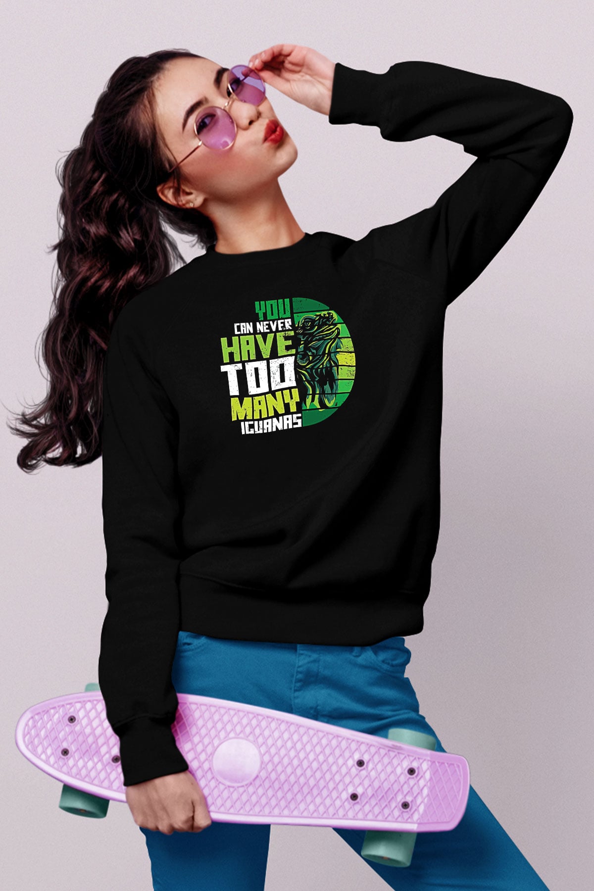 İguana Baskılı Unisex Siyah Sweatshirt
