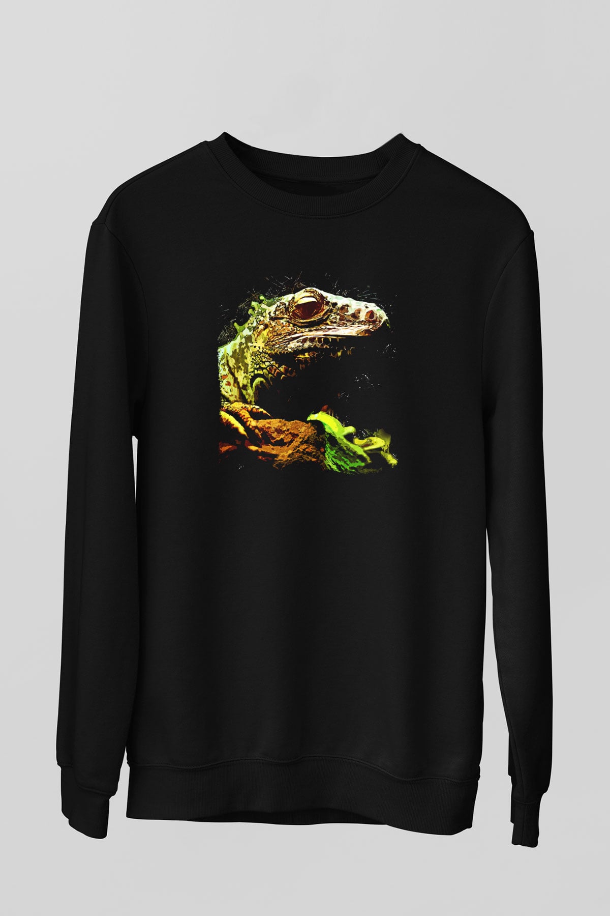 İguana Baskılı Unisex Siyah Sweatshirt