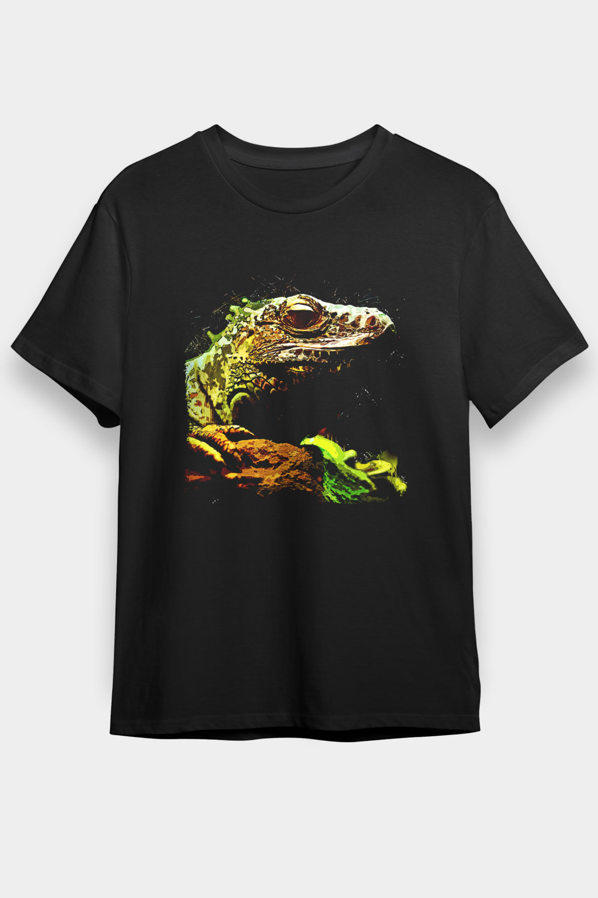 İguana Baskılı Unisex Siyah Tişört - Tshirt