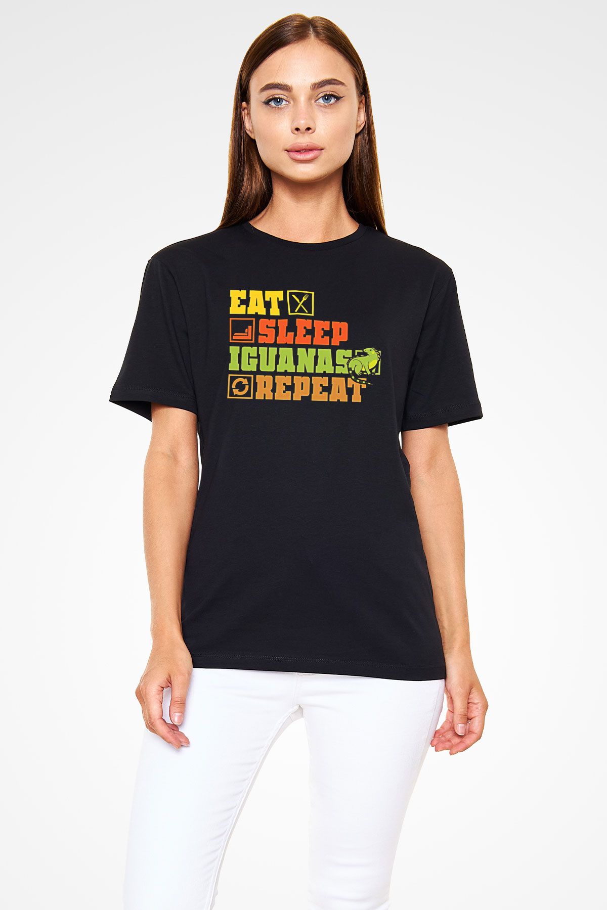 İguana Baskılı Unisex Siyah Tişört - Tshirt