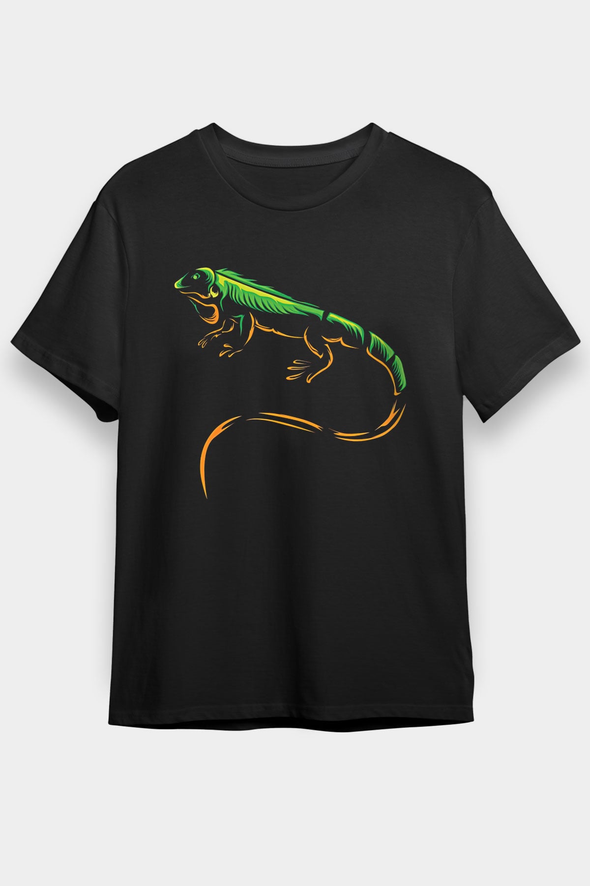 İguana Baskılı Unisex Siyah Tişört - Tshirt