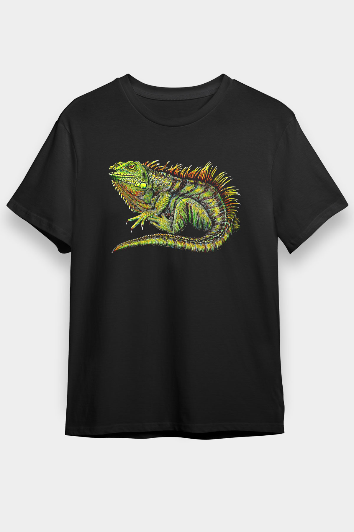 İguana Baskılı Unisex Siyah Tişört - Tshirt