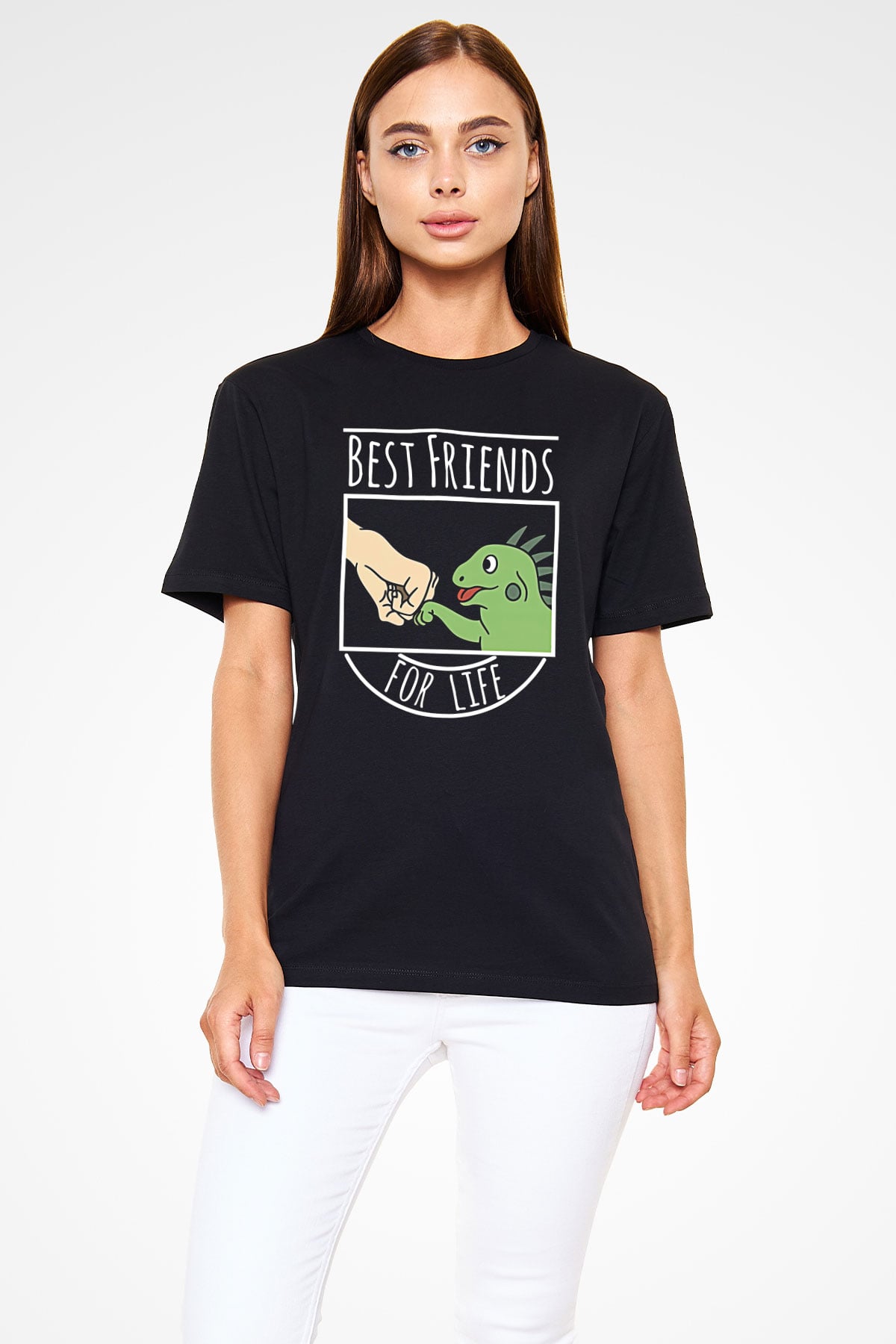 İguana Baskılı Unisex Siyah Tişört - Tshirt