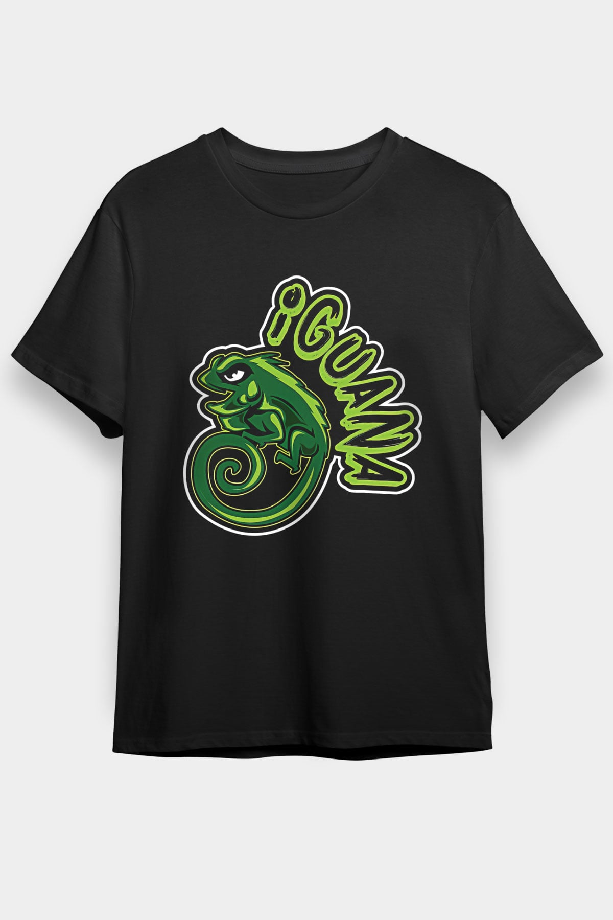 İguana Baskılı Unisex Siyah Tişört - Tshirt