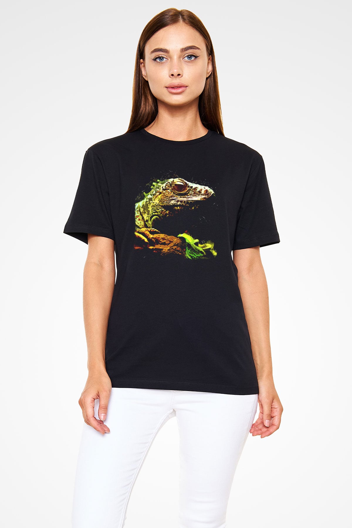 İguana Baskılı Unisex Siyah Tişört - Tshirt