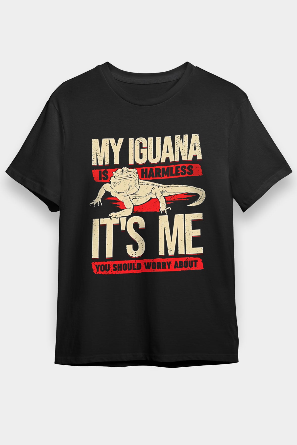 İguana Baskılı Unisex Siyah Tişört - Tshirt