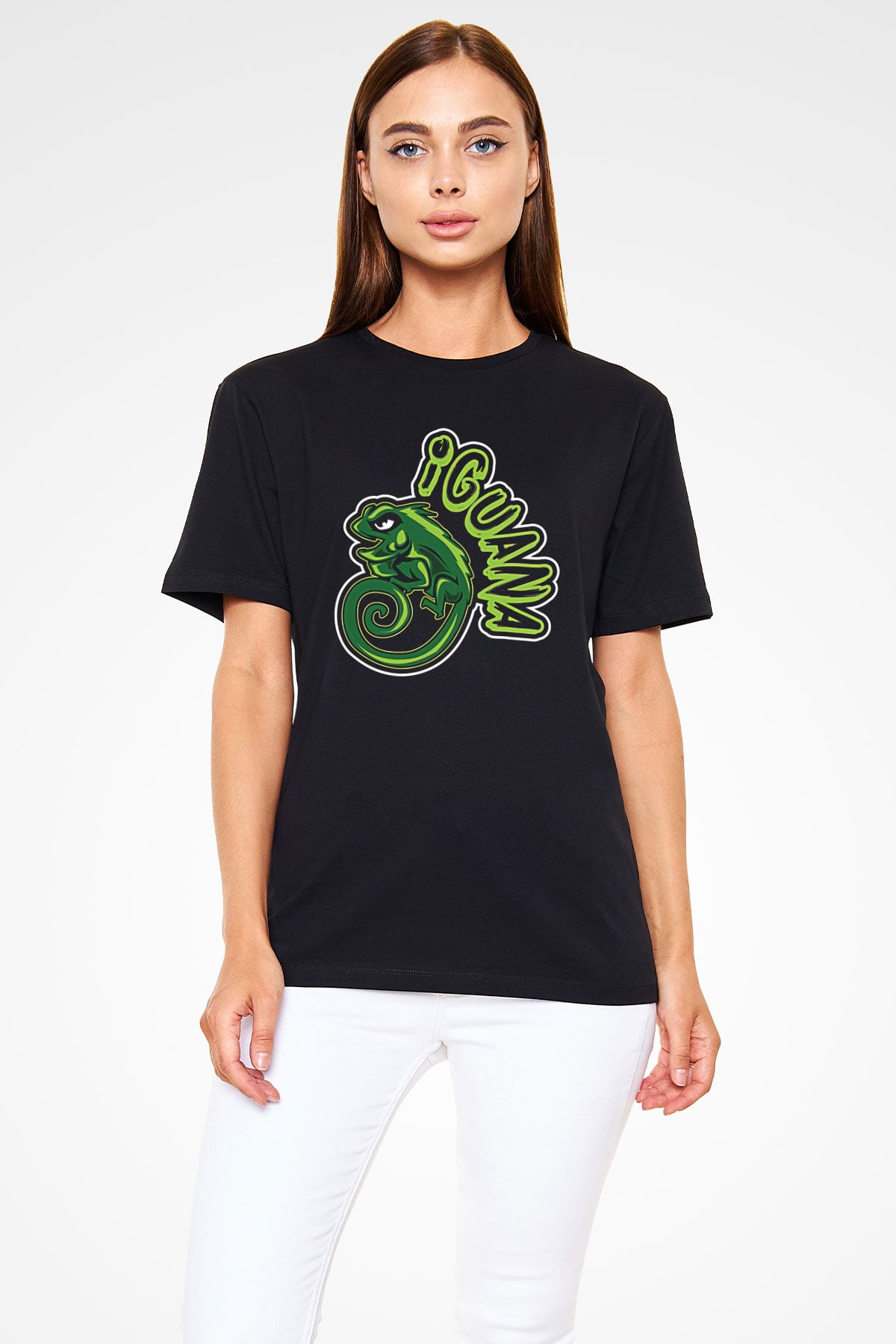 İguana Baskılı Unisex Siyah Tişört - Tshirt