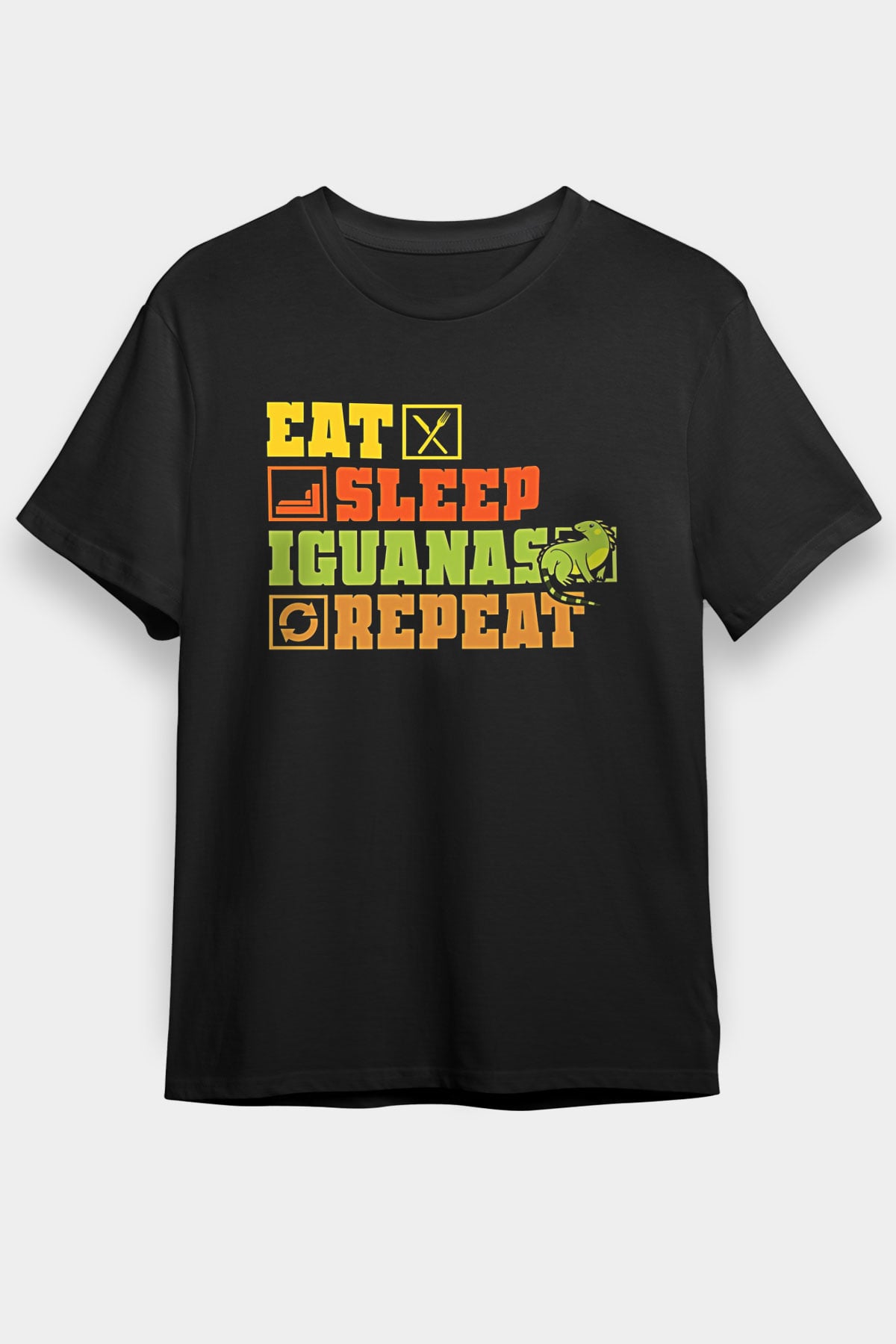 İguana Baskılı Unisex Siyah Tişört - Tshirt