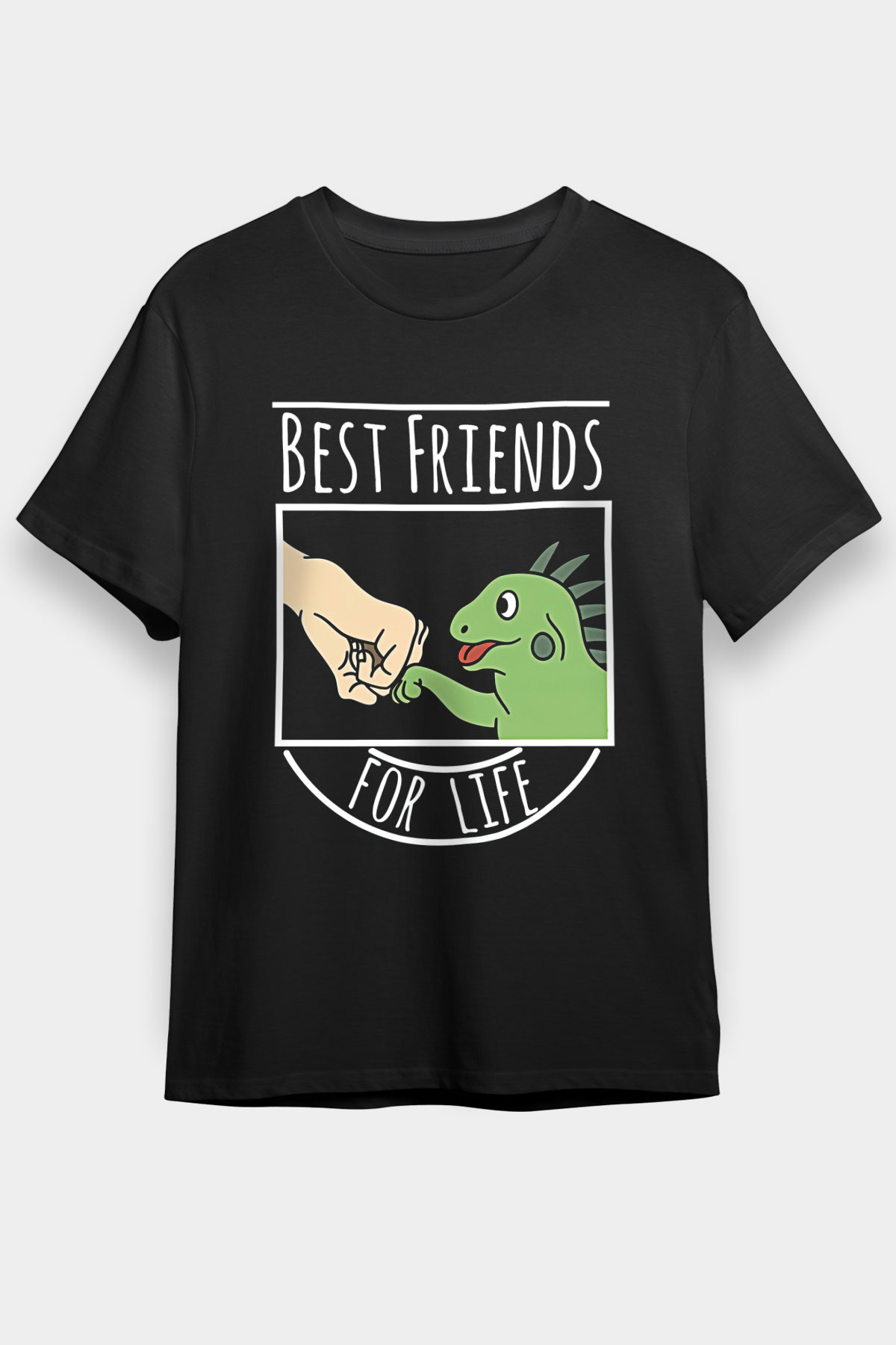 İguana Baskılı Unisex Siyah Tişört - Tshirt