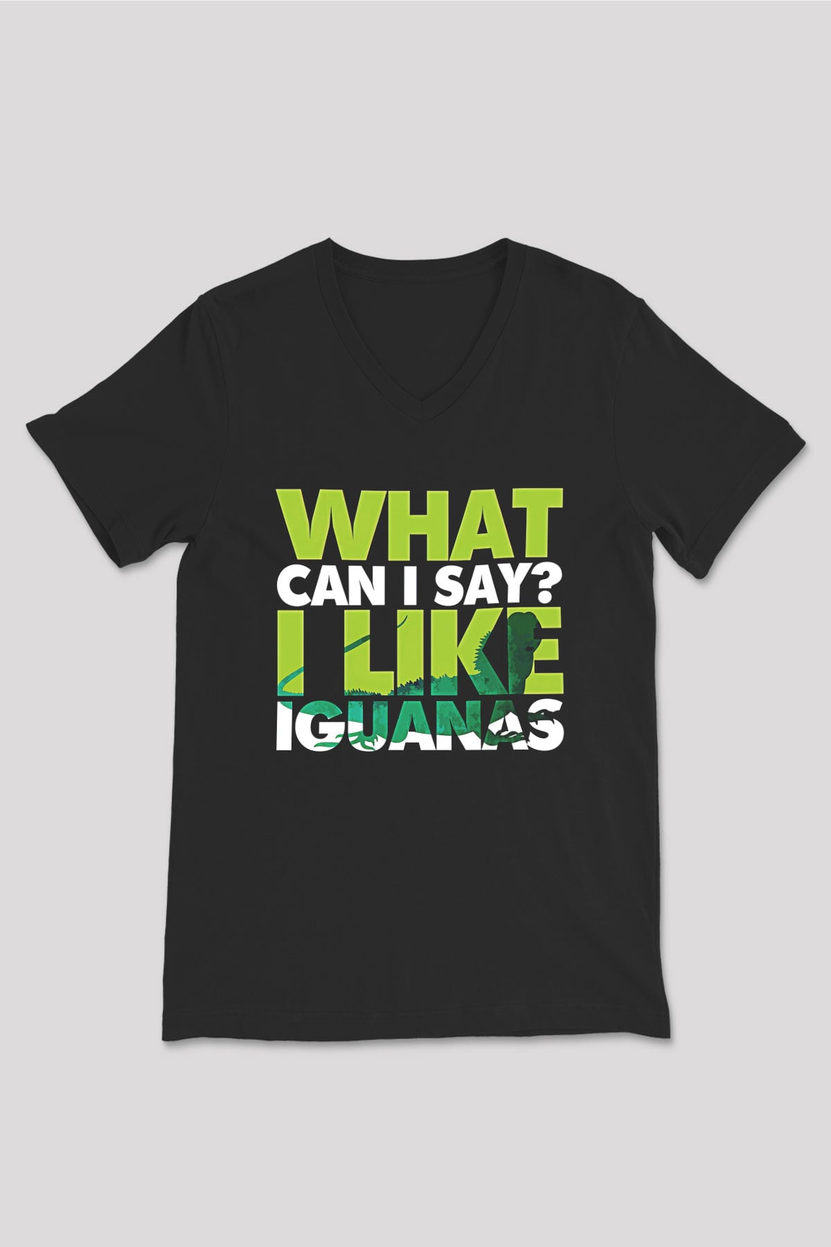 İguana Baskılı Unisex Siyah V Yaka Tişört - Tshirt