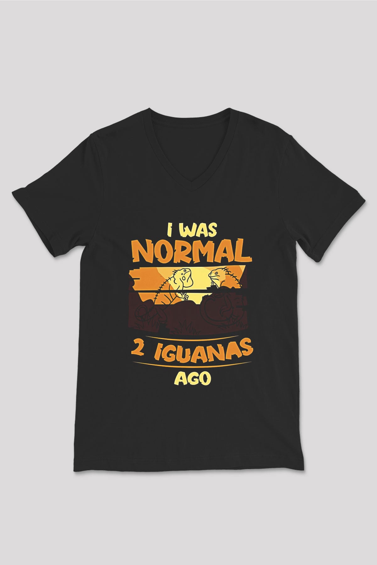İguana Baskılı Unisex Siyah V Yaka Tişört - Tshirt