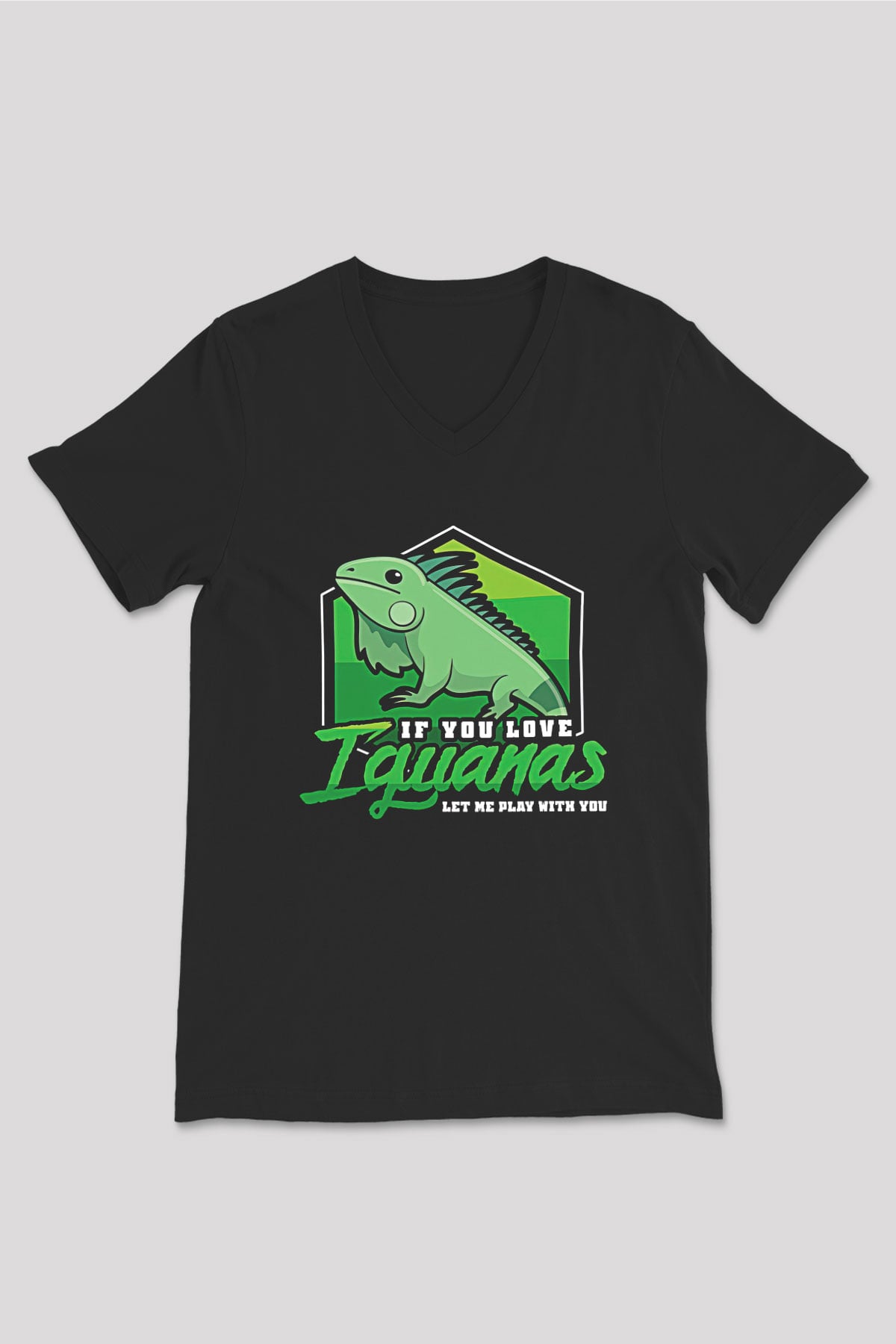 İguana Baskılı Unisex Siyah V Yaka Tişört - Tshirt