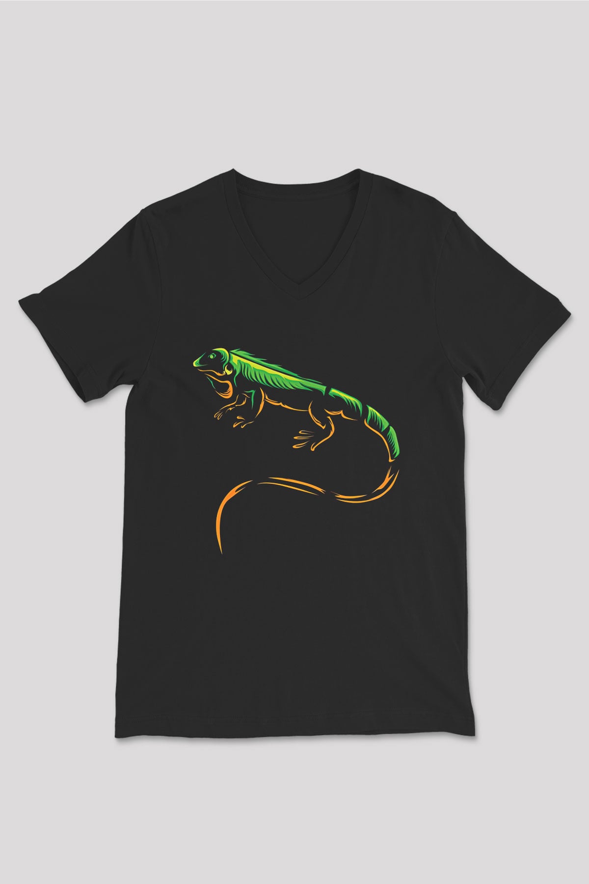 İguana Baskılı Unisex Siyah V Yaka Tişört - Tshirt