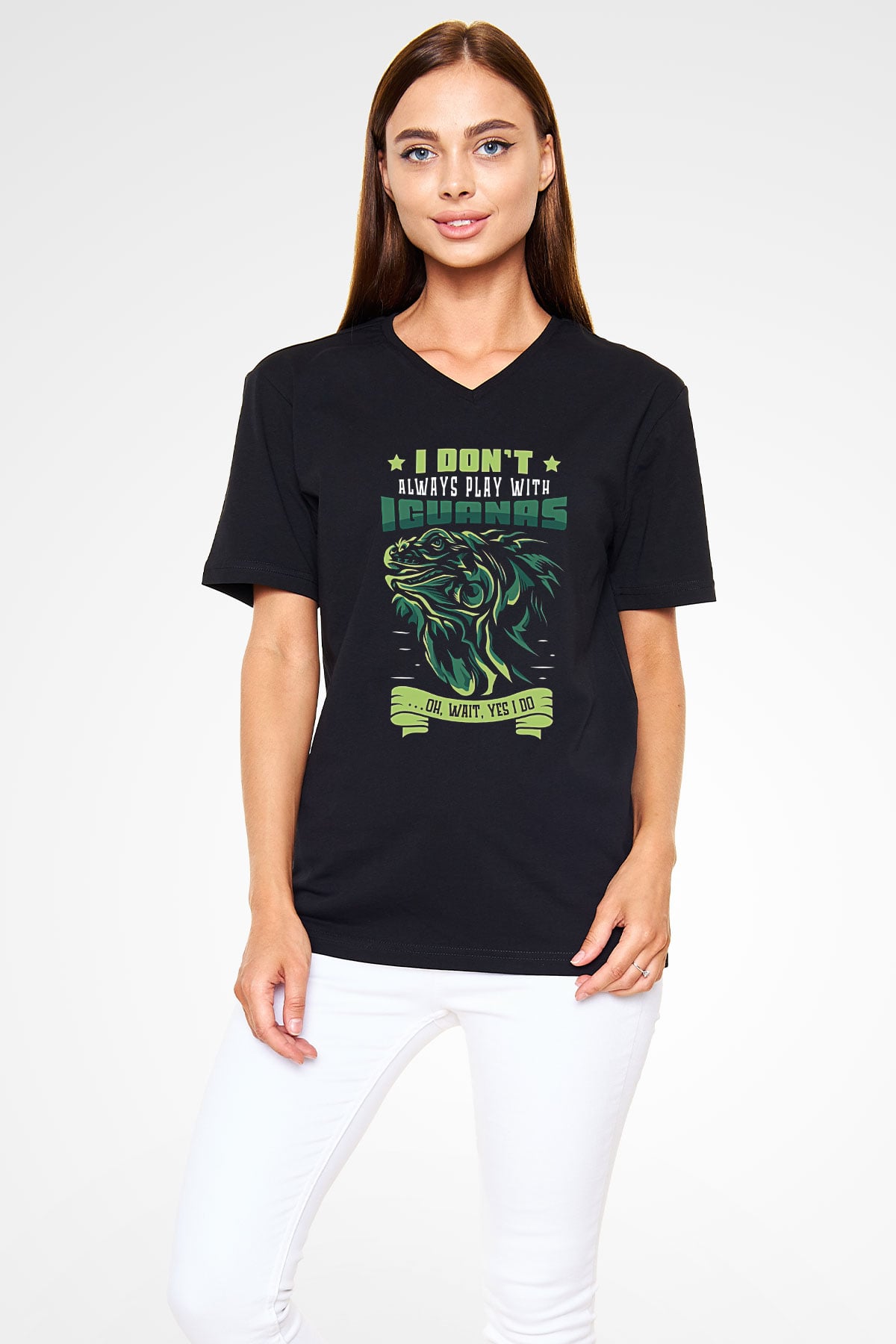 İguana Baskılı Unisex Siyah V Yaka Tişört - Tshirt