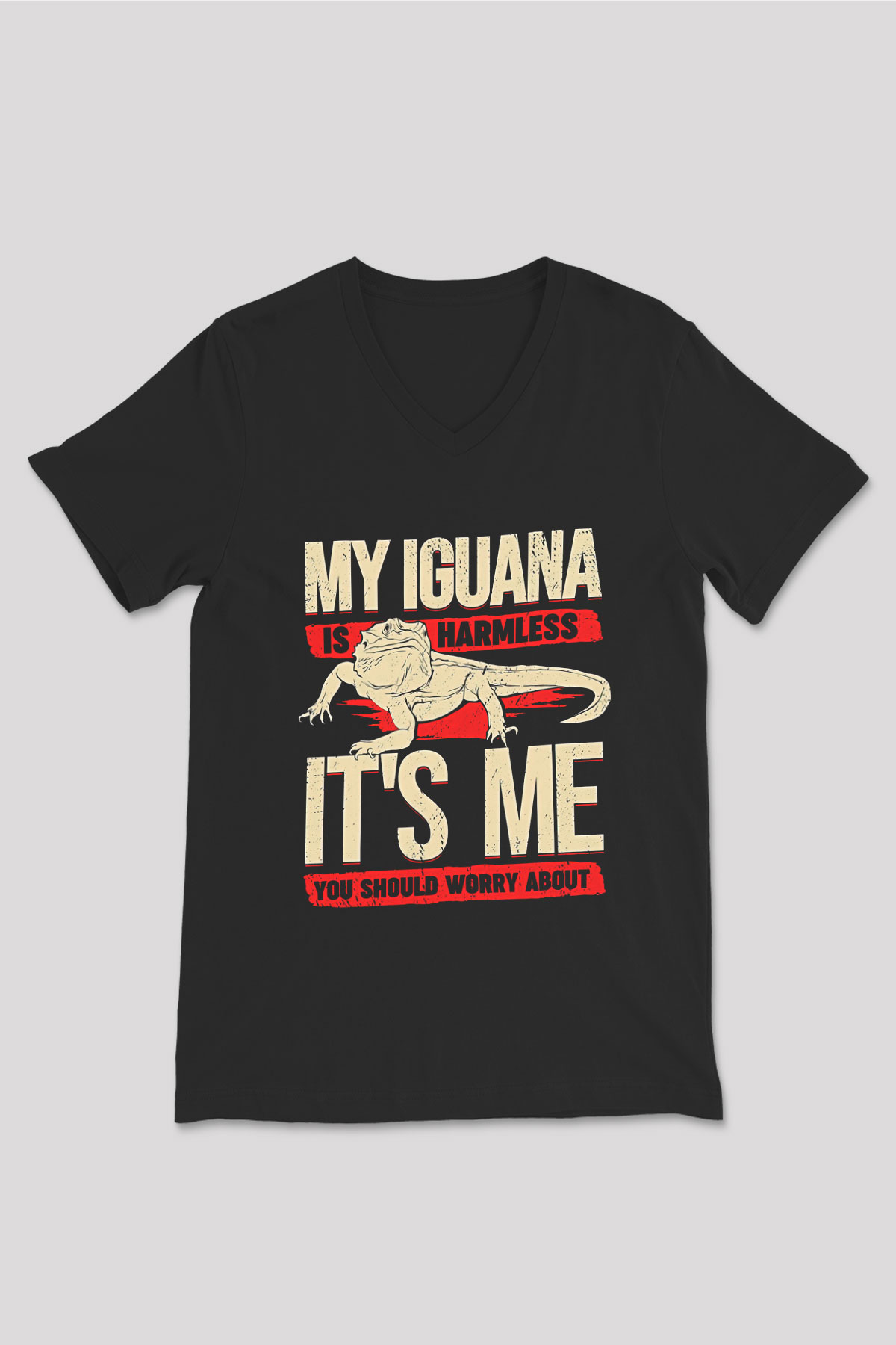 İguana Baskılı Unisex Siyah V Yaka Tişört - Tshirt