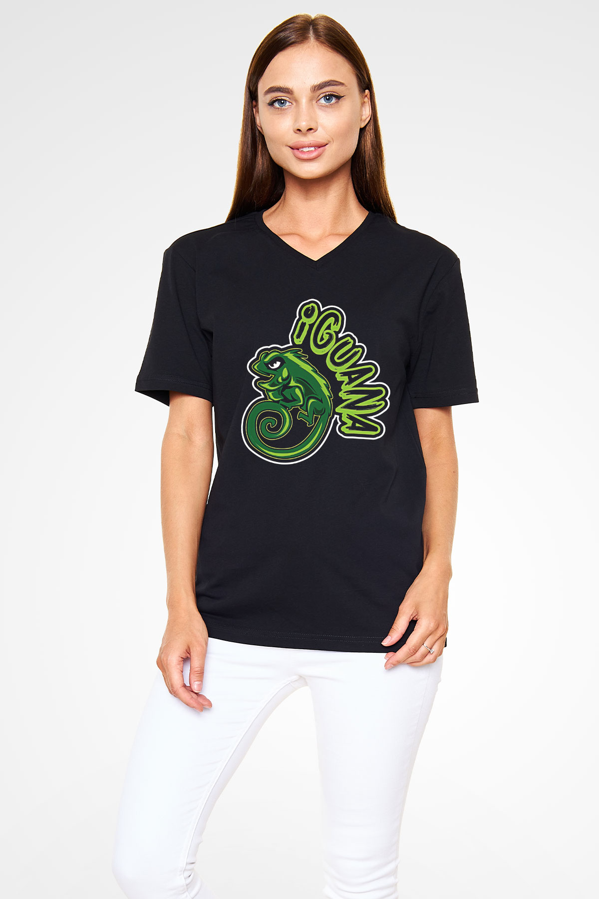 İguana Baskılı Unisex Siyah V Yaka Tişört - Tshirt