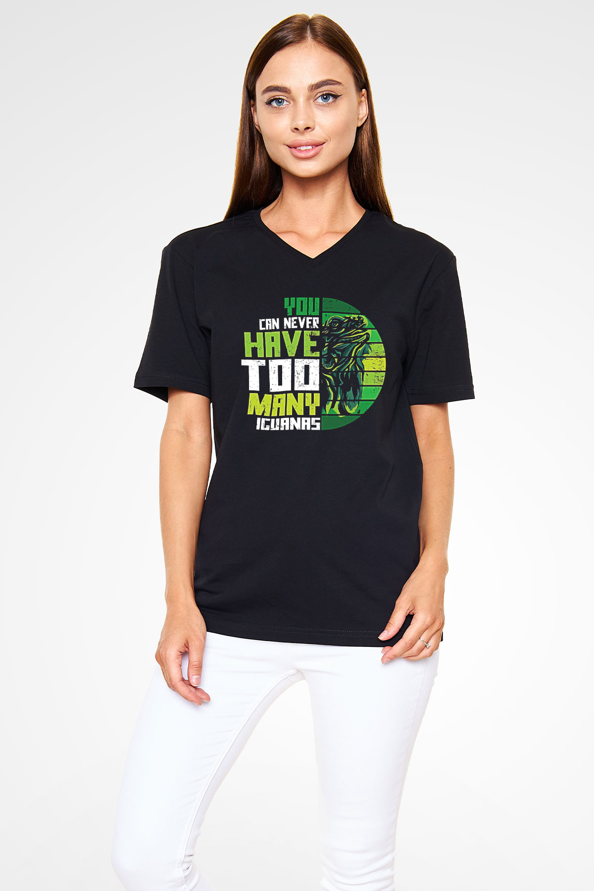 İguana Baskılı Unisex Siyah V Yaka Tişört - Tshirt
