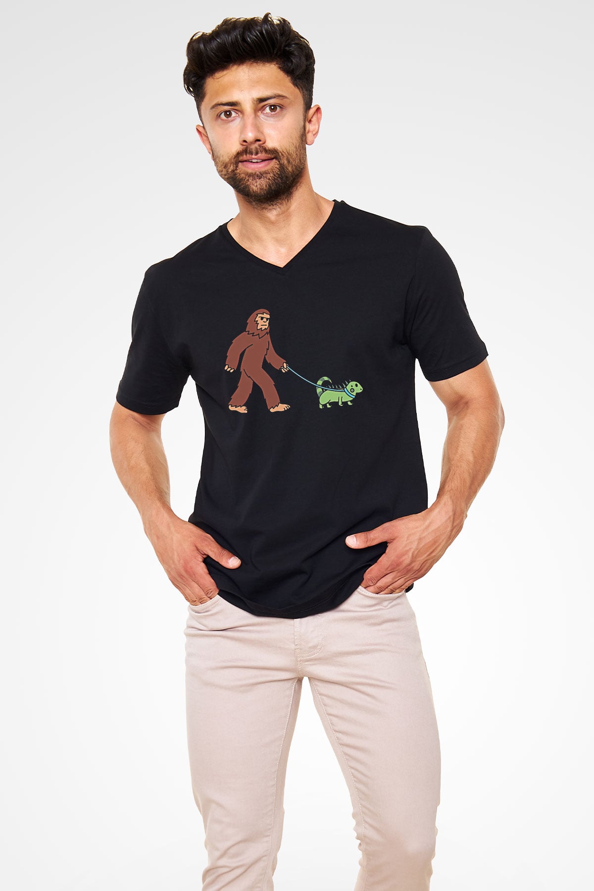 İguana Baskılı Unisex Siyah V Yaka Tişört - Tshirt