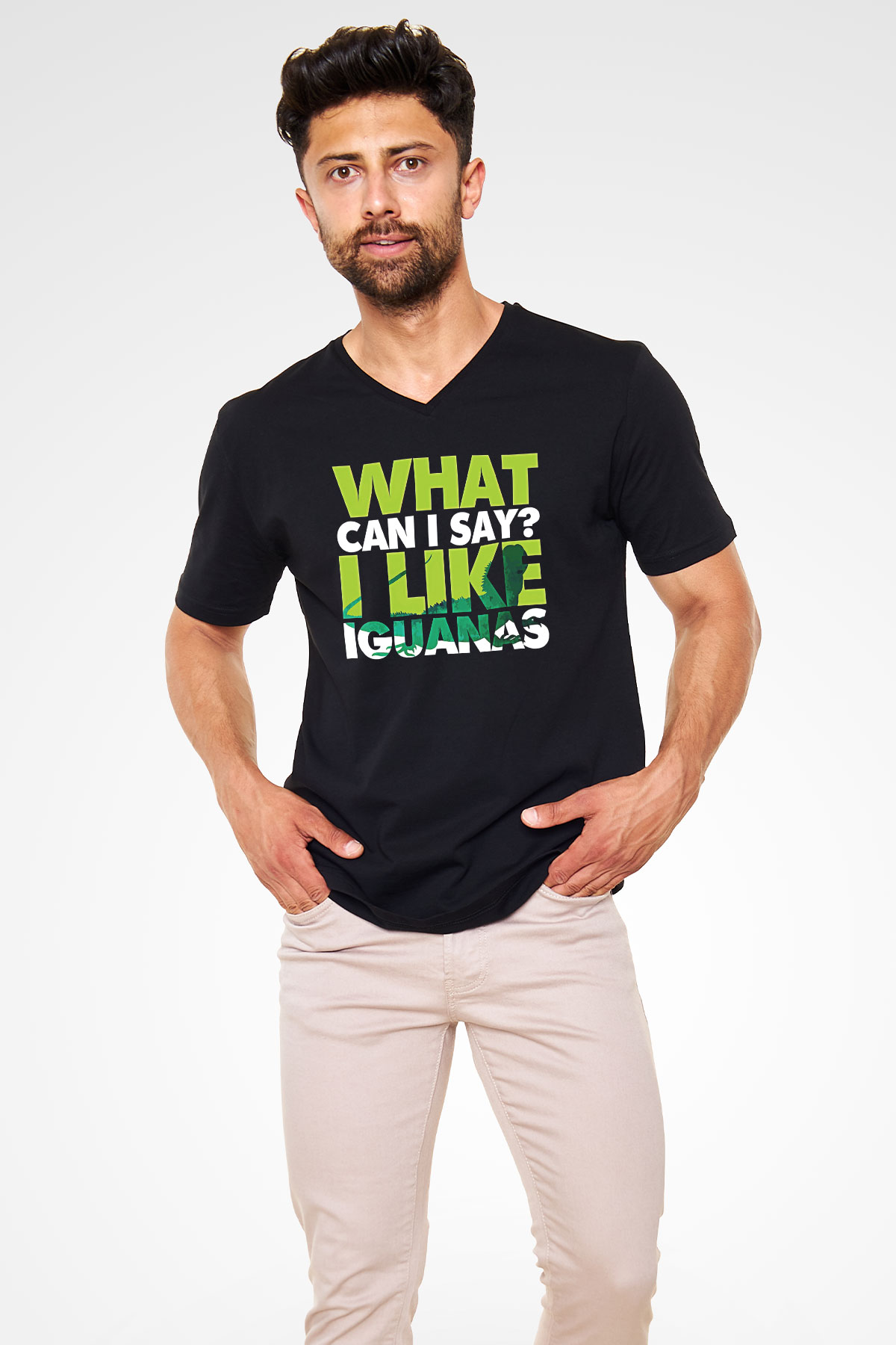 İguana Baskılı Unisex Siyah V Yaka Tişört - Tshirt