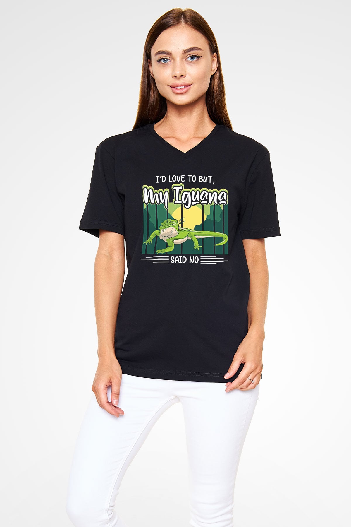 İguana Baskılı Unisex Siyah V Yaka Tişört - Tshirt