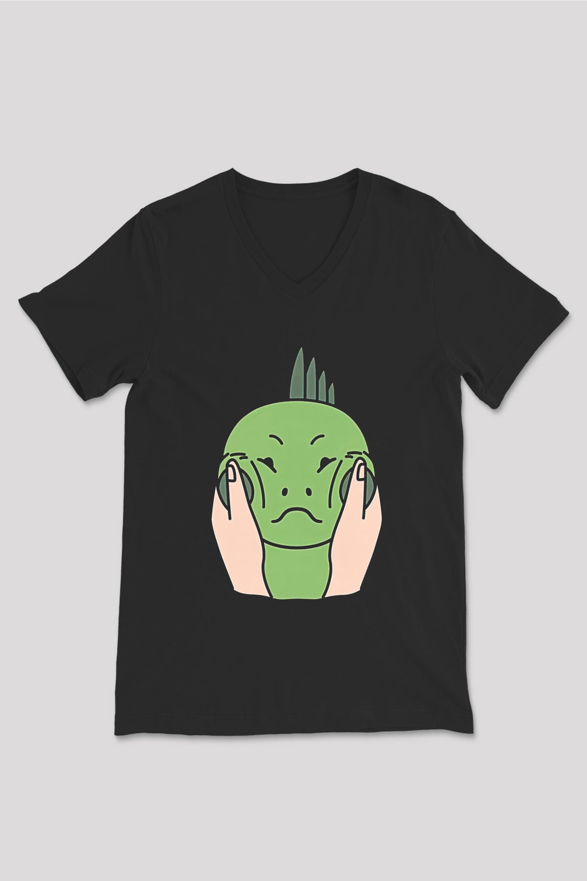 İguana Baskılı Unisex Siyah V Yaka Tişört - Tshirt