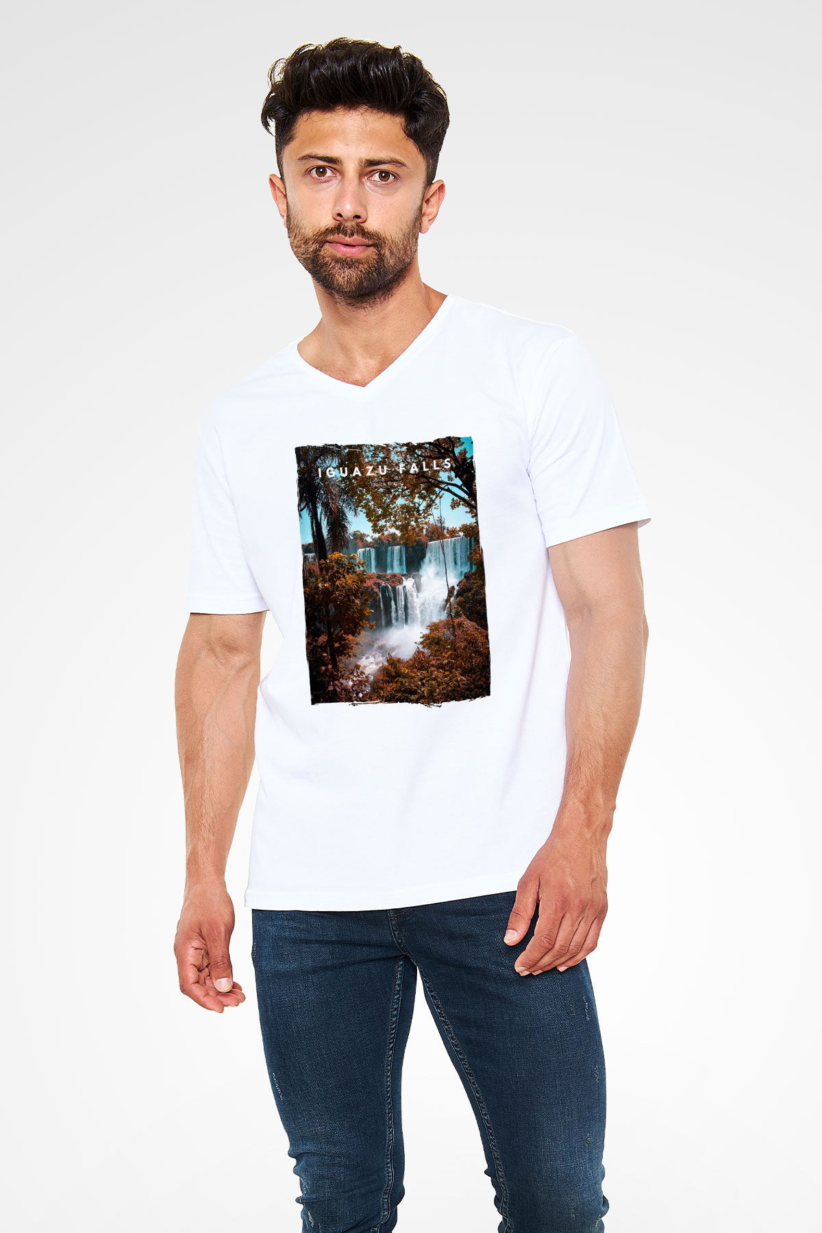 Iguazu Şelalesi Beyaz Unisex V Yaka Tişört