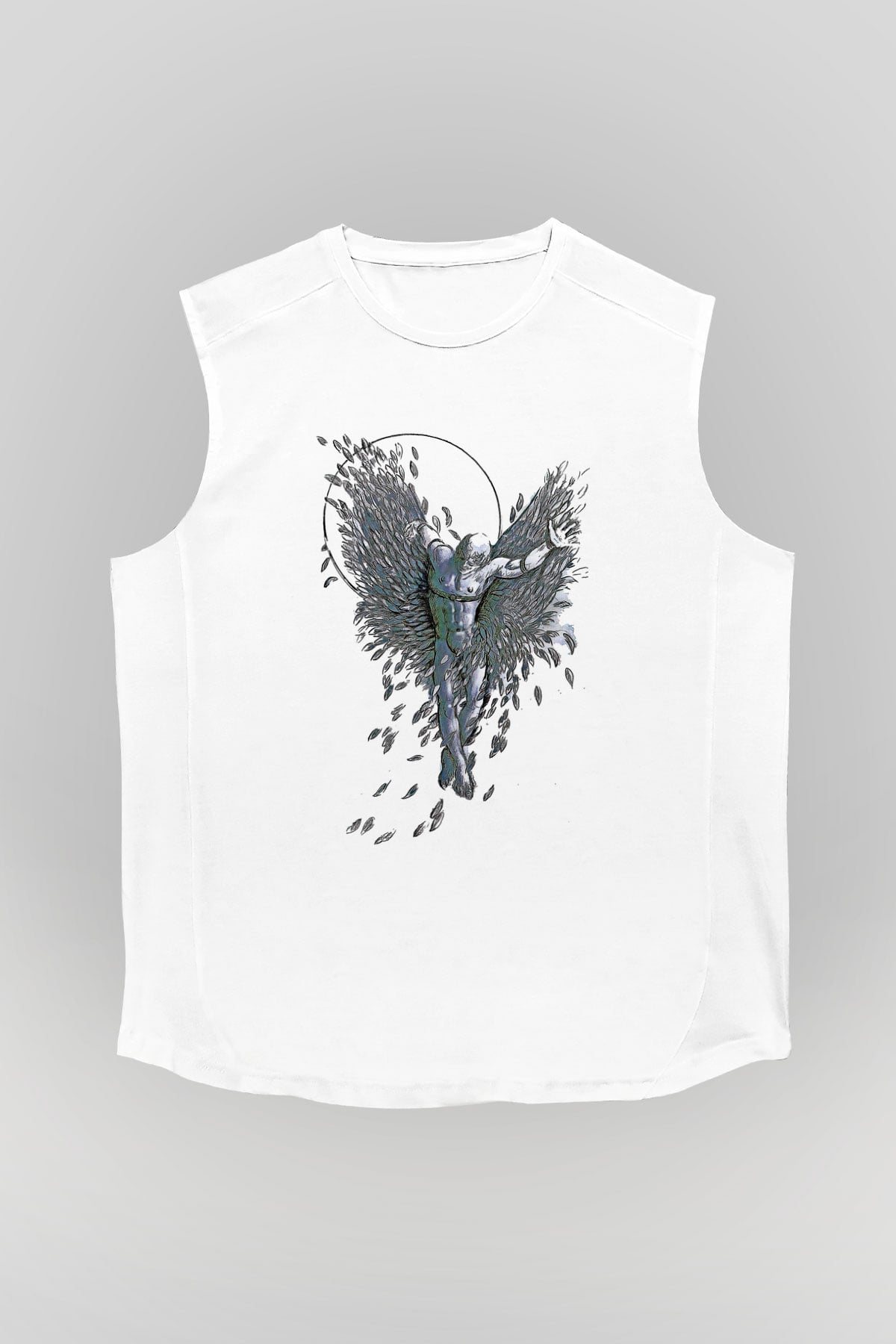 İkarus Baskılı Beyaz Unisex Kolsuz Tişört - Tshirt