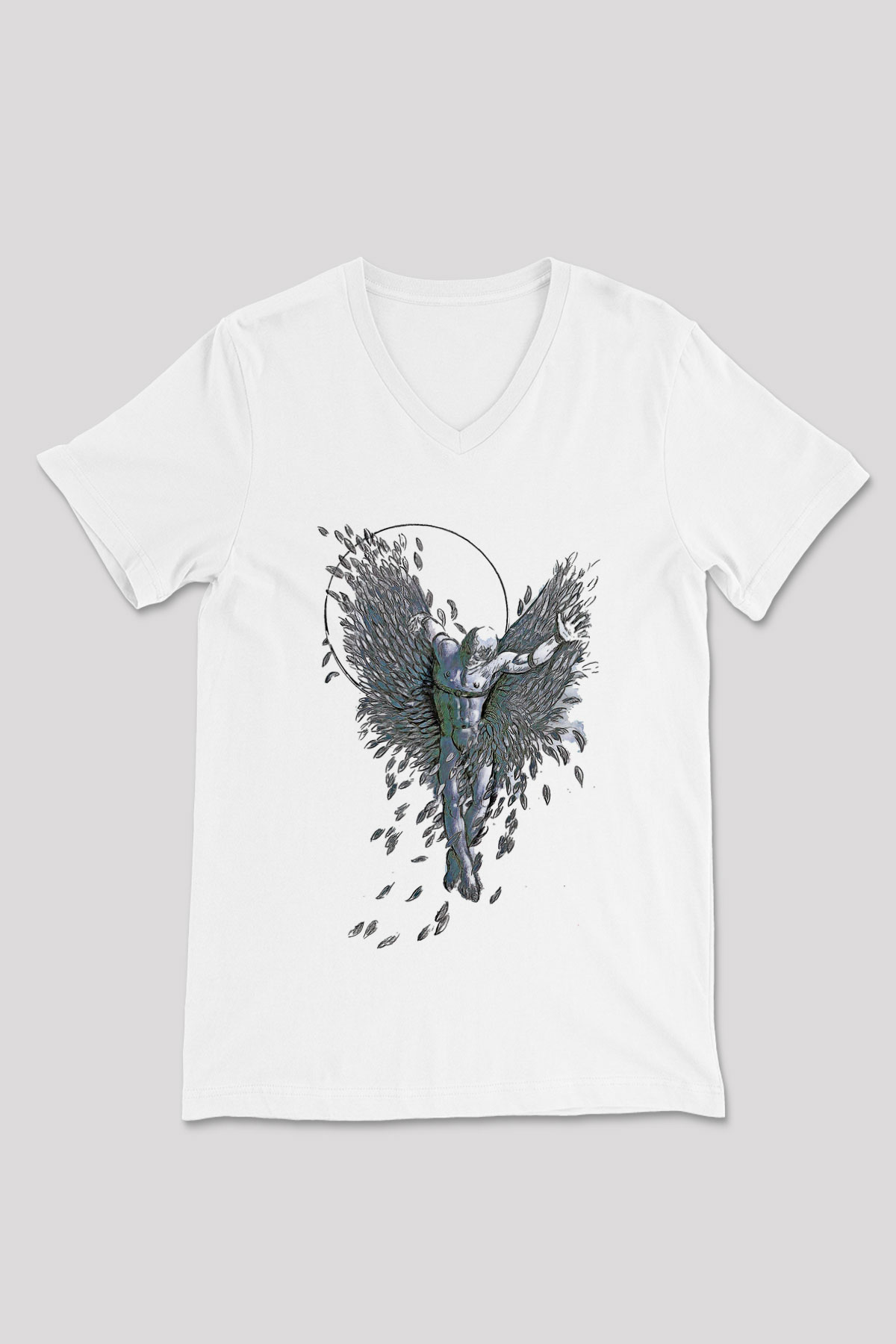 İkarus Baskılı Beyaz Unisex V Yaka Tişört - Tshirt