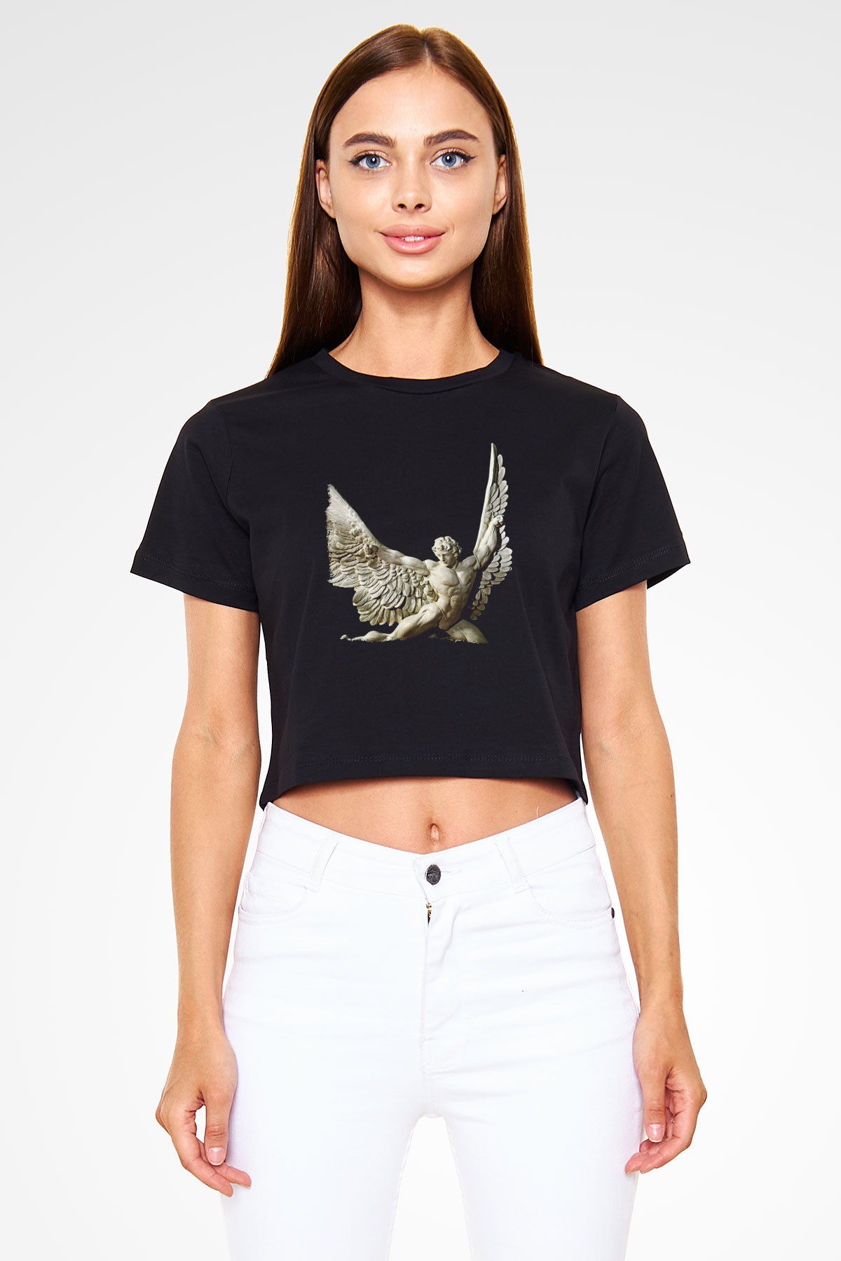 İkarus Baskılı Siyah Crop Top Kadın Tişört - Tshirt