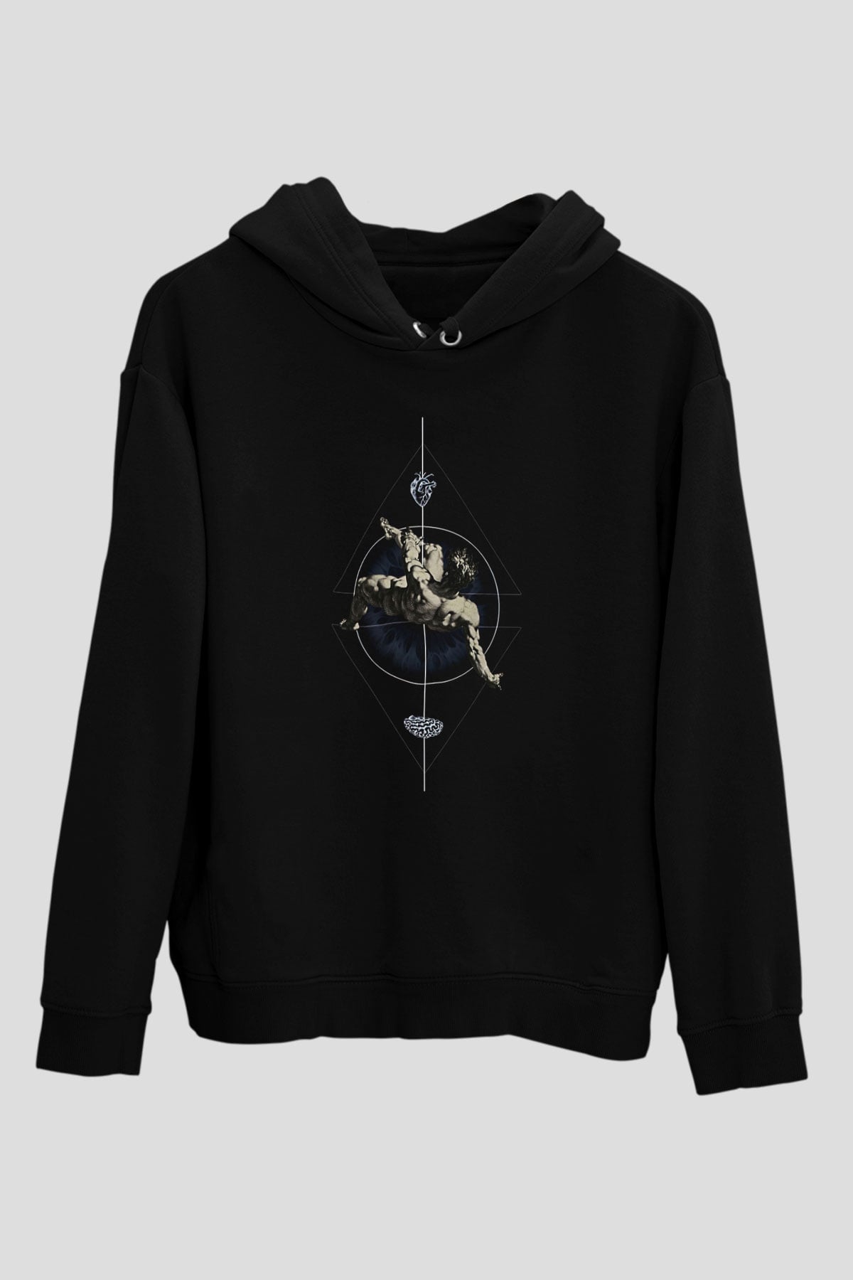 İkarus Baskılı Unisex Siyah Hoodie