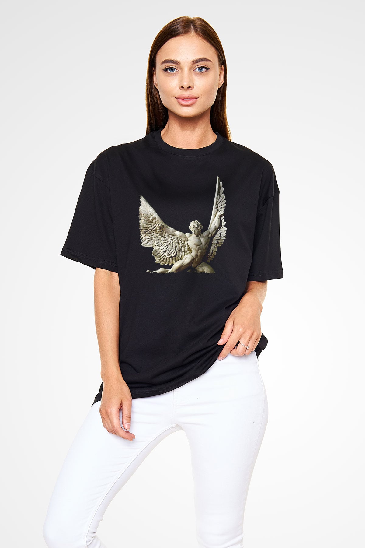 İkarus Baskılı Unisex Siyah Oversize Tişört - Tshirt