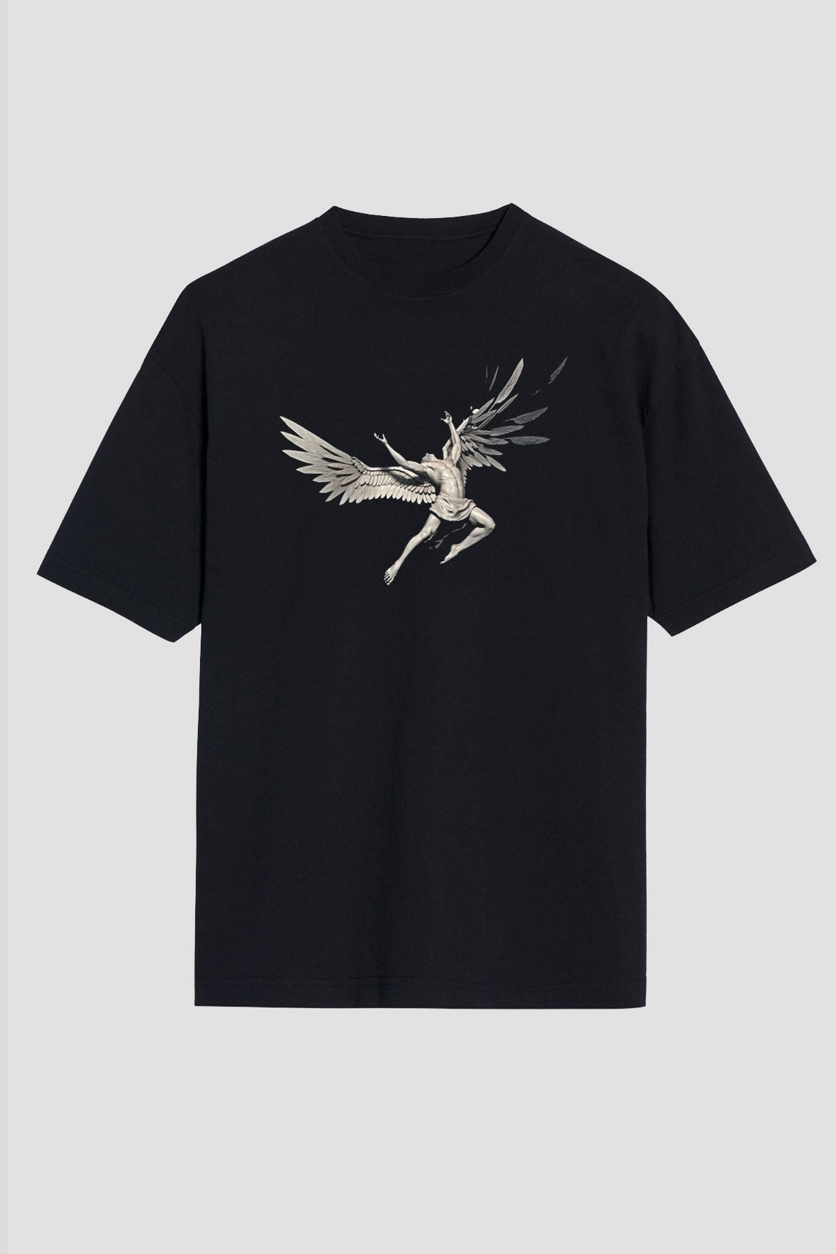 İkarus Baskılı Unisex Siyah Oversize Tişört - Tshirt