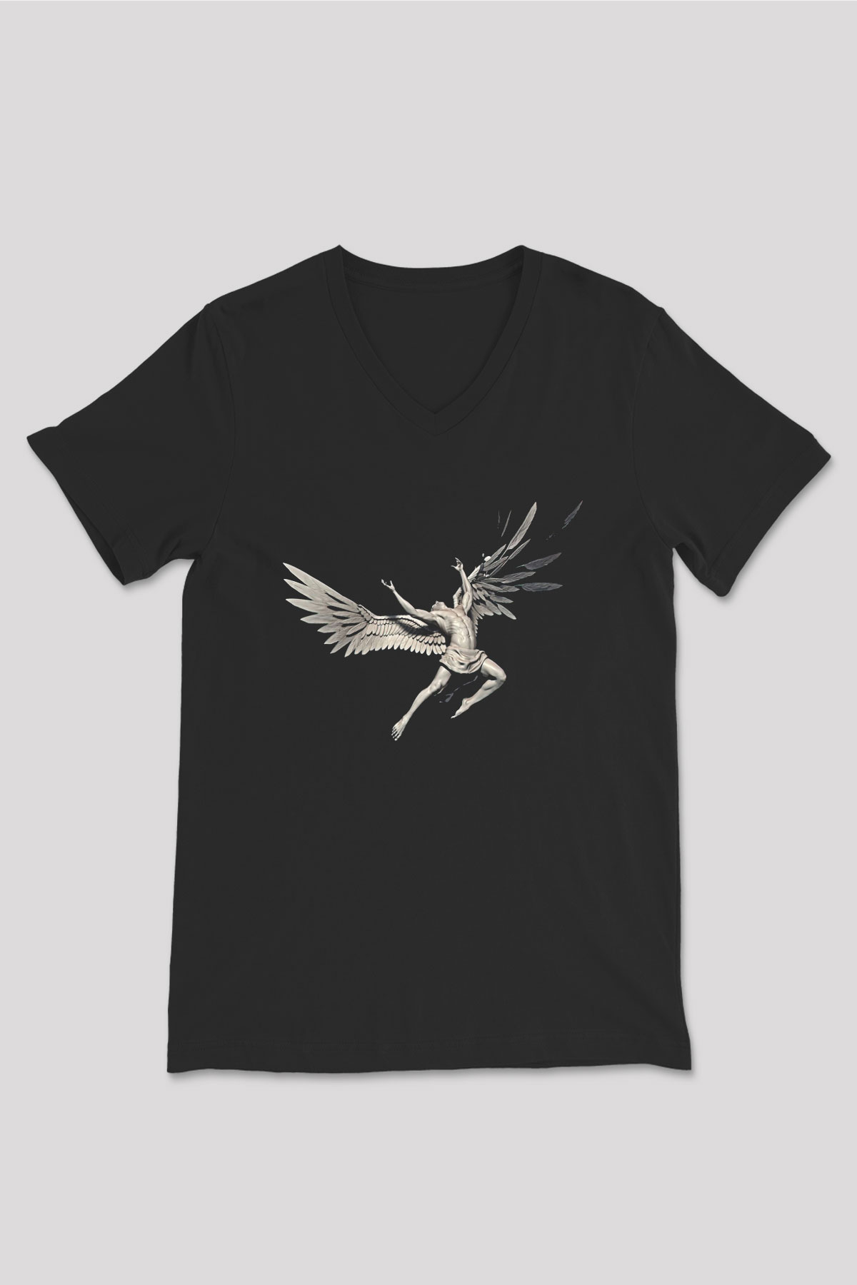 İkarus Baskılı Unisex Siyah V Yaka Tişört - Tshirt