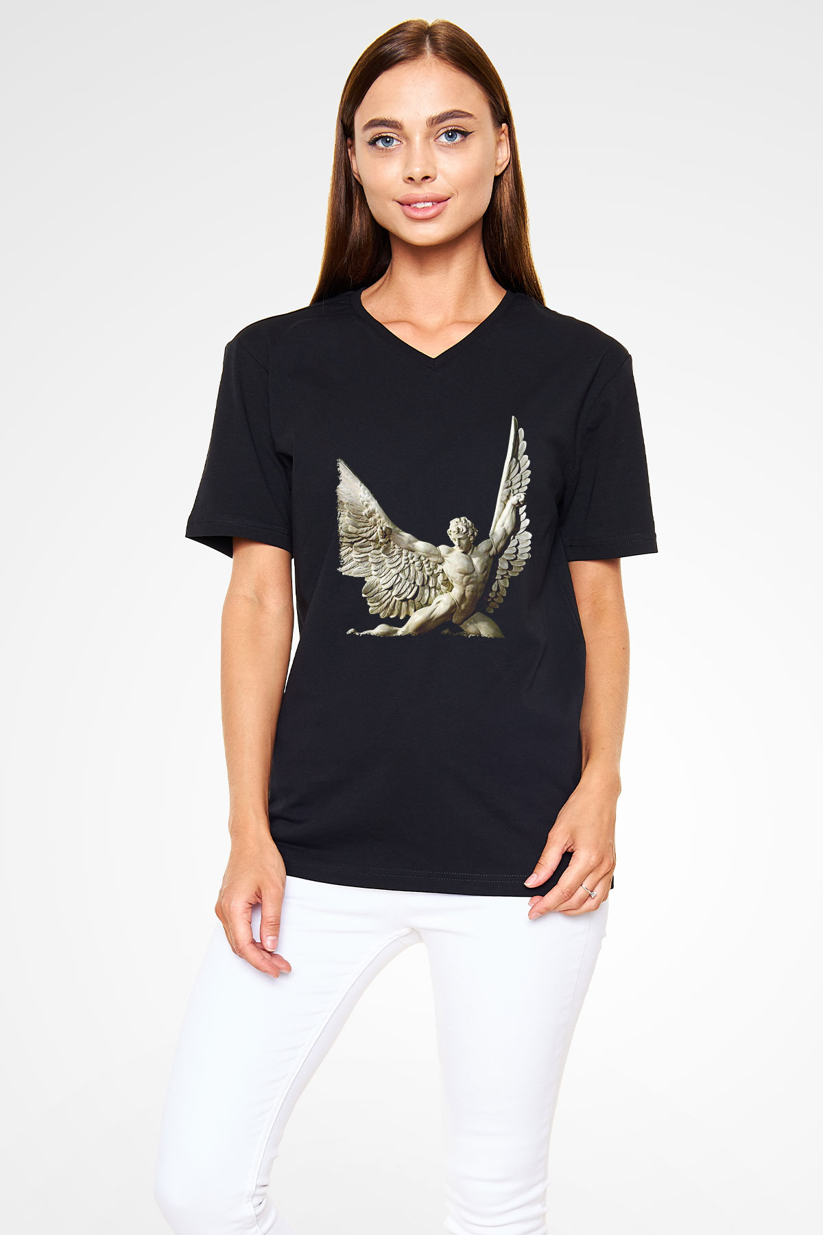 İkarus Baskılı Unisex Siyah V Yaka Tişört - Tshirt