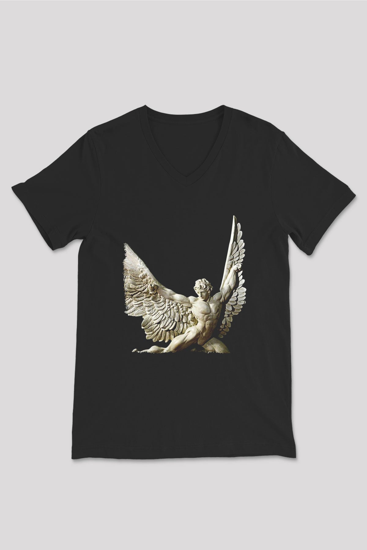 İkarus Baskılı Unisex Siyah V Yaka Tişört - Tshirt