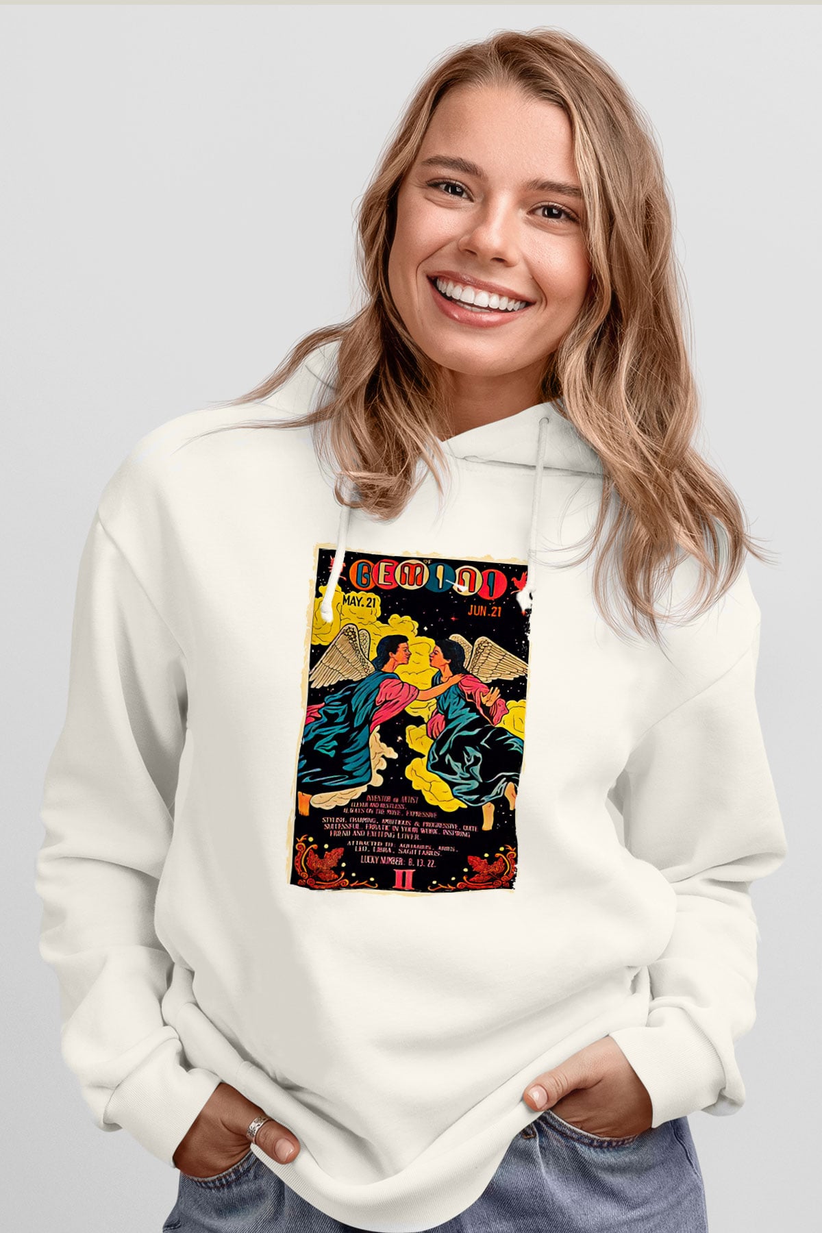 İkizler Burcu Baskılı Beyaz Unisex Hoodie