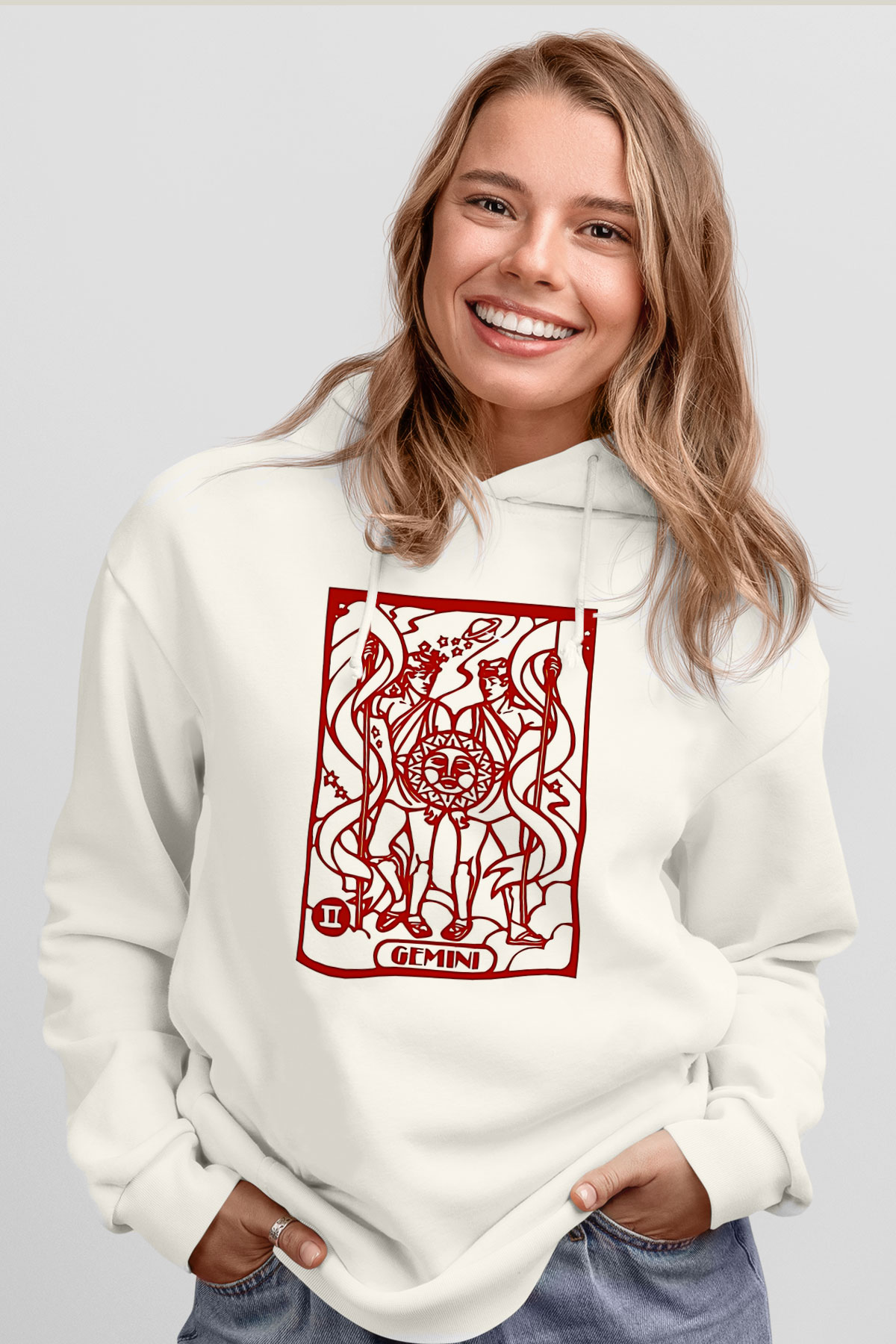 İkizler Burcu Baskılı Beyaz Unisex Hoodie