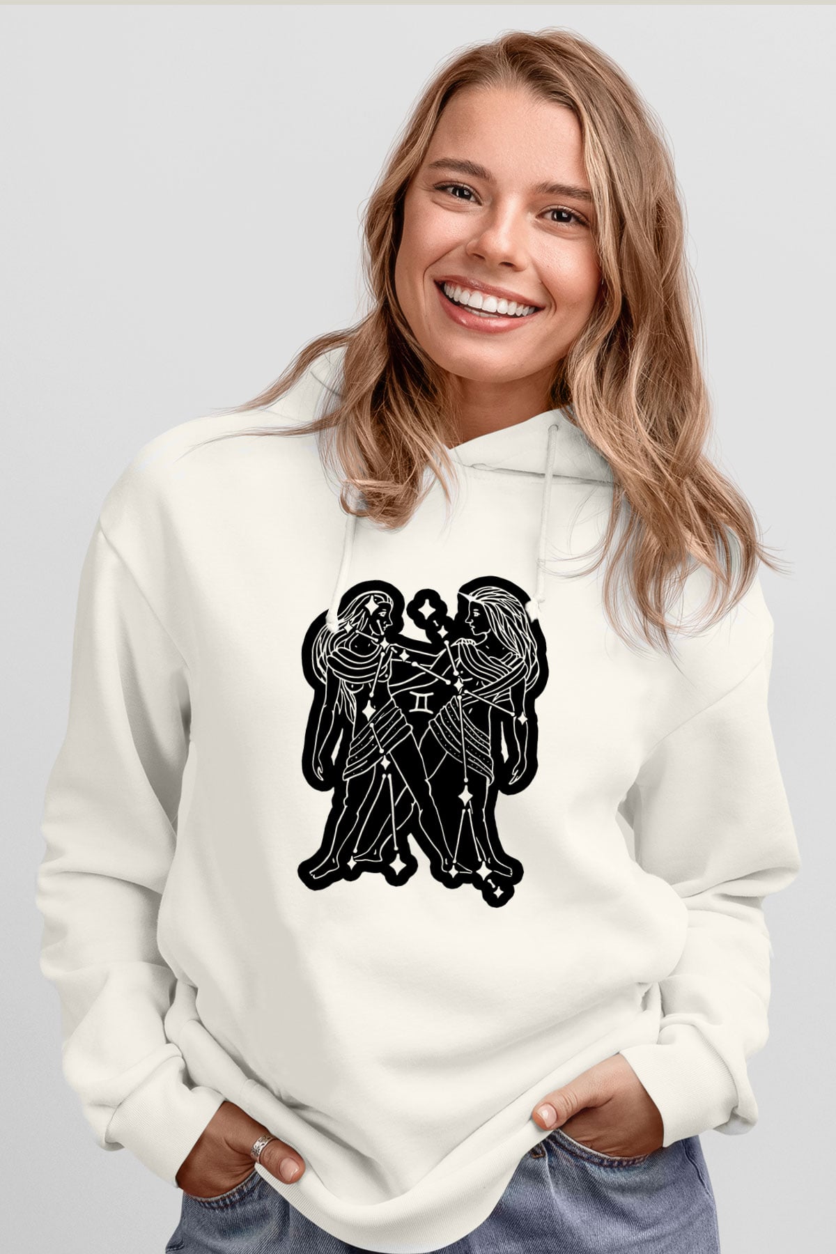 İkizler Burcu Baskılı Beyaz Unisex Hoodie