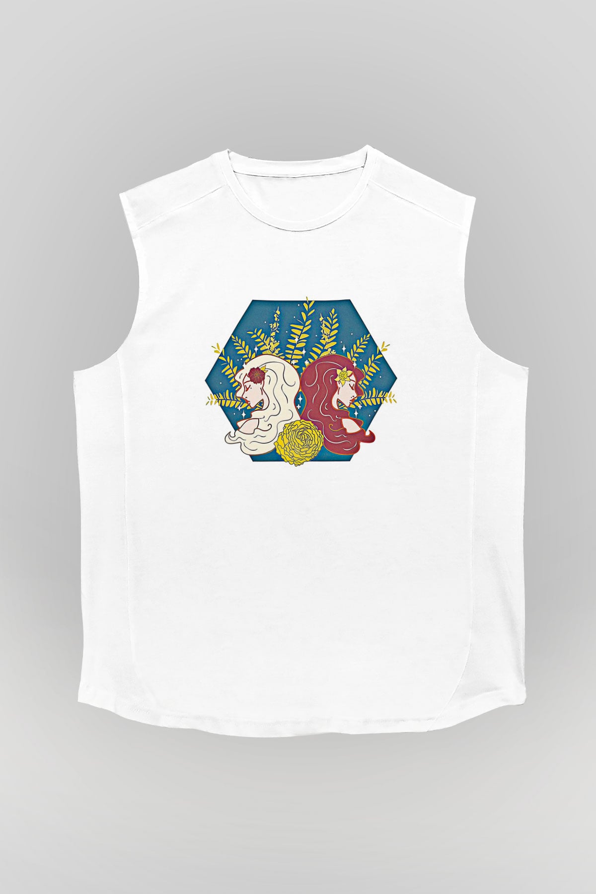 İkizler Burcu Baskılı Beyaz Unisex Kolsuz Tişört - Tshirt