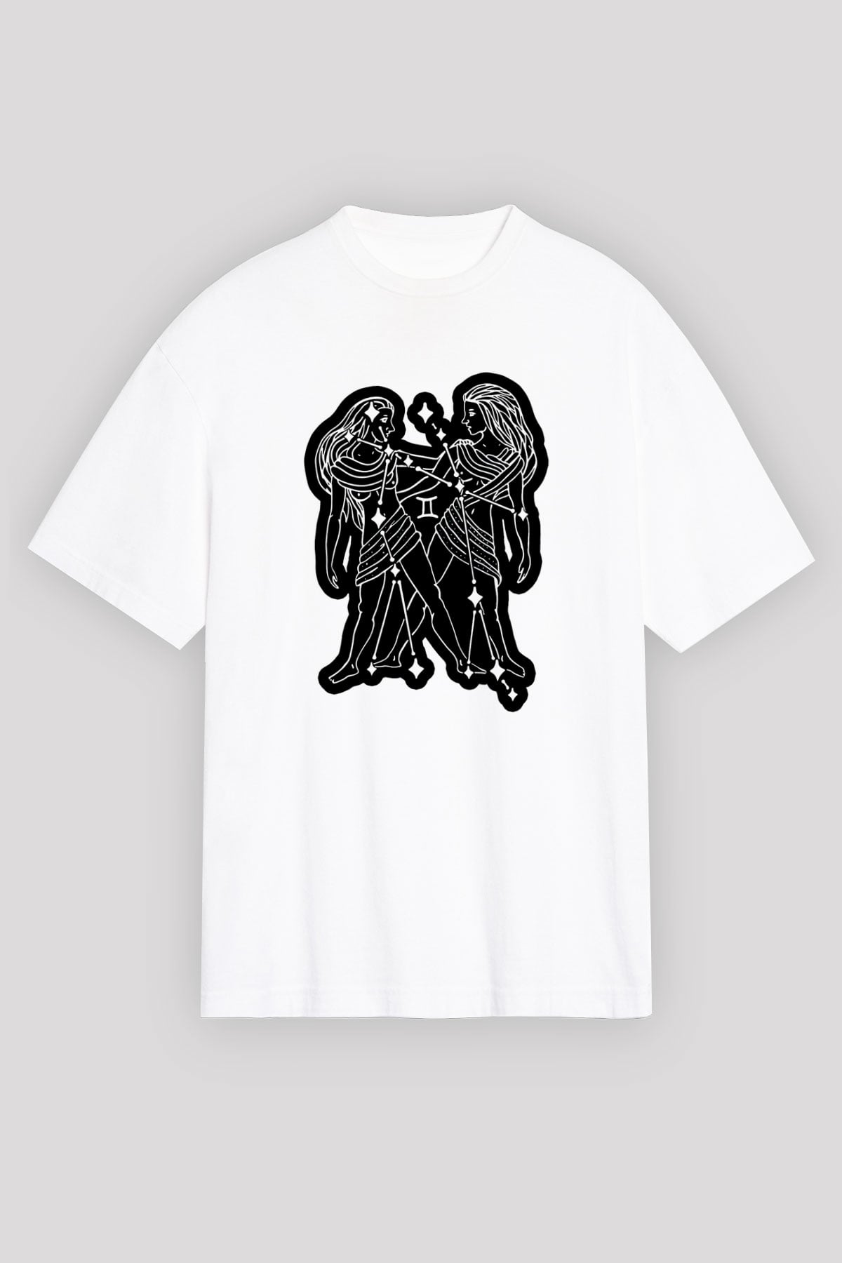 İkizler Burcu Baskılı Beyaz Unisex Oversize Tişört - Tshirt