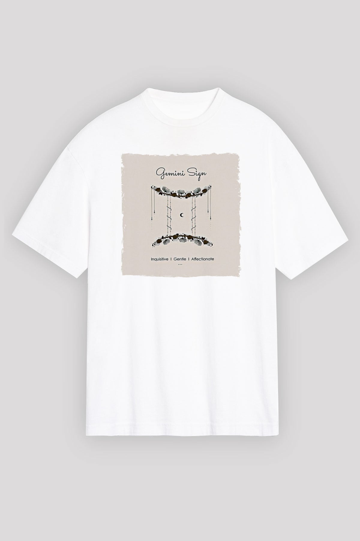 İkizler Burcu Baskılı Beyaz Unisex Oversize Tişört - Tshirt