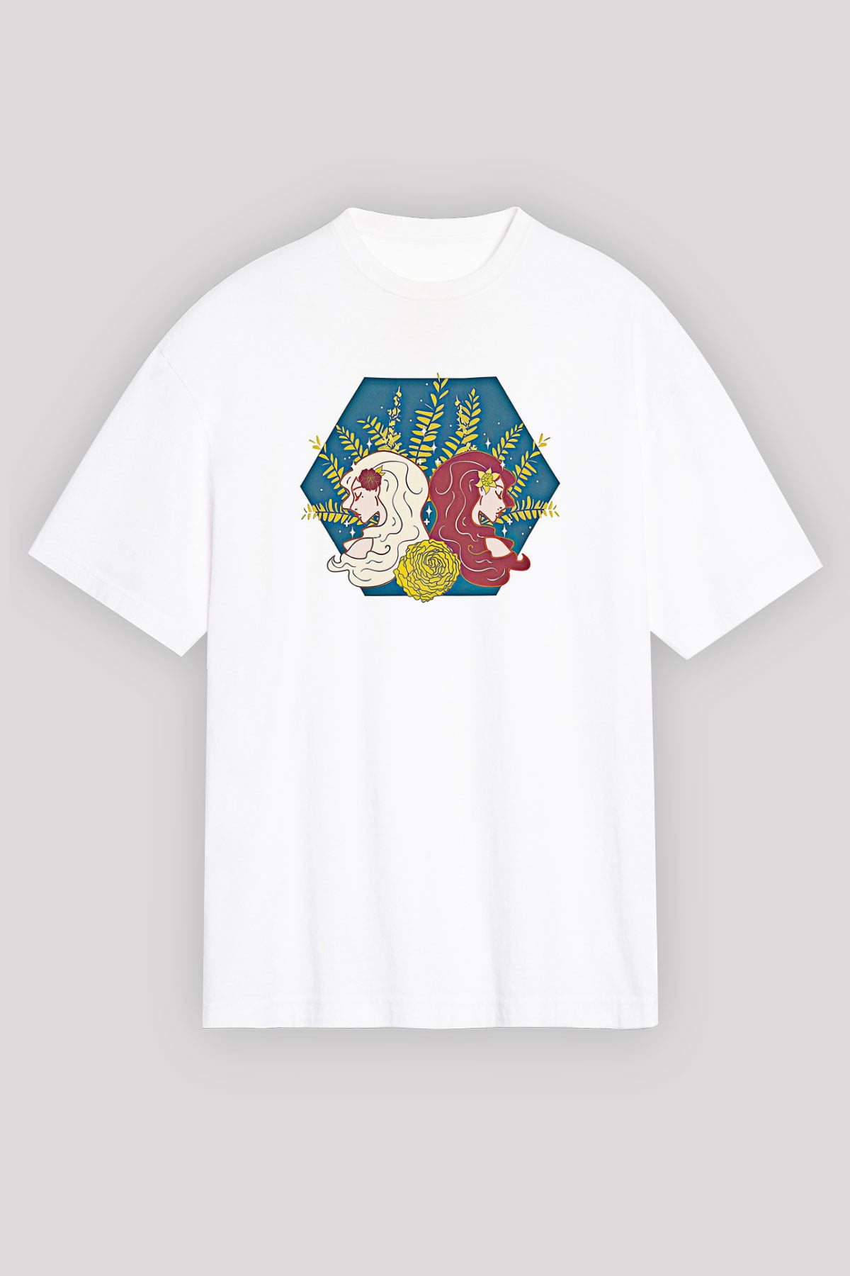 İkizler Burcu Baskılı Beyaz Unisex Oversize Tişört - Tshirt