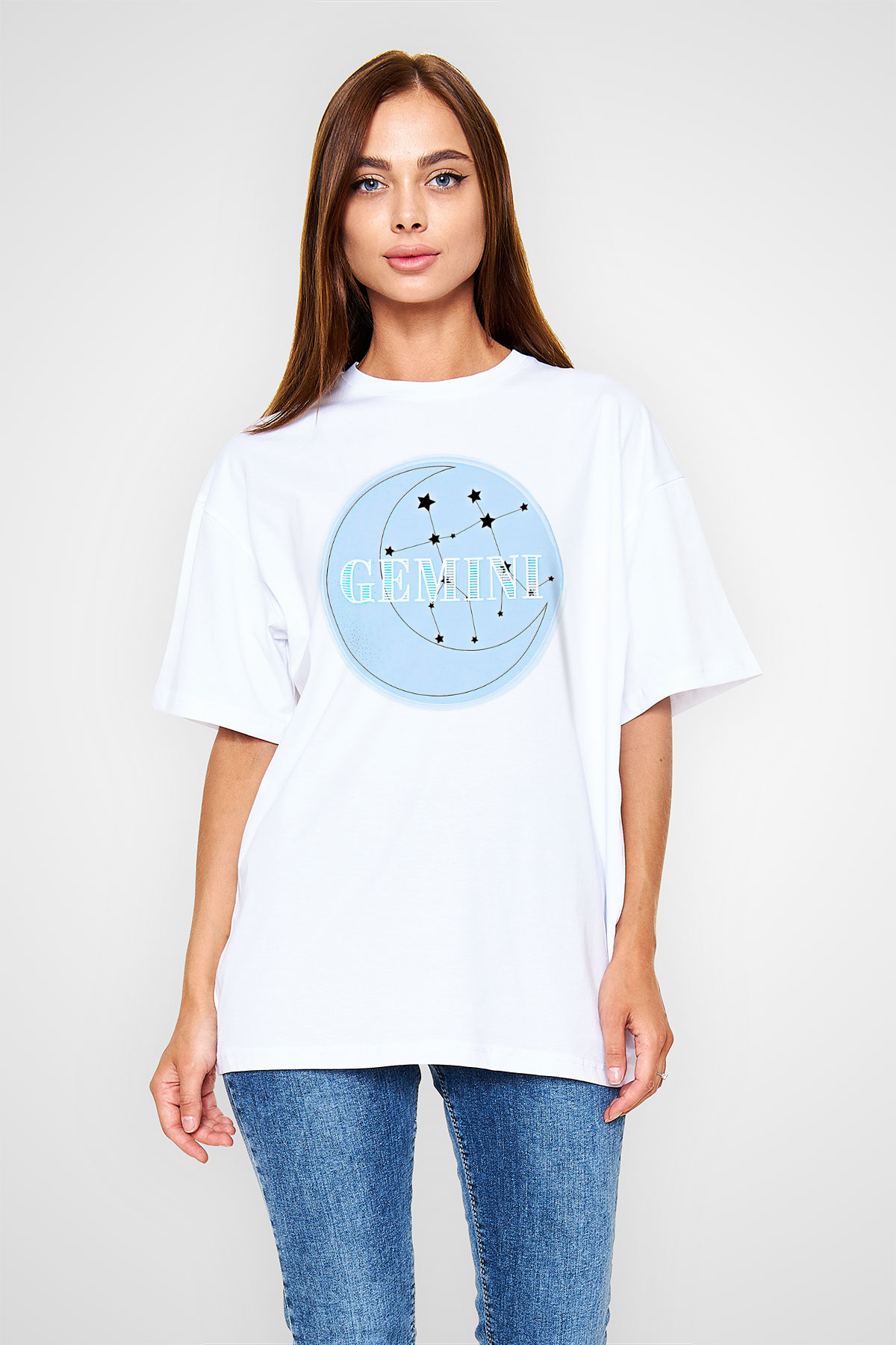 İkizler Burcu Baskılı Beyaz Unisex Oversize Tişört - Tshirt
