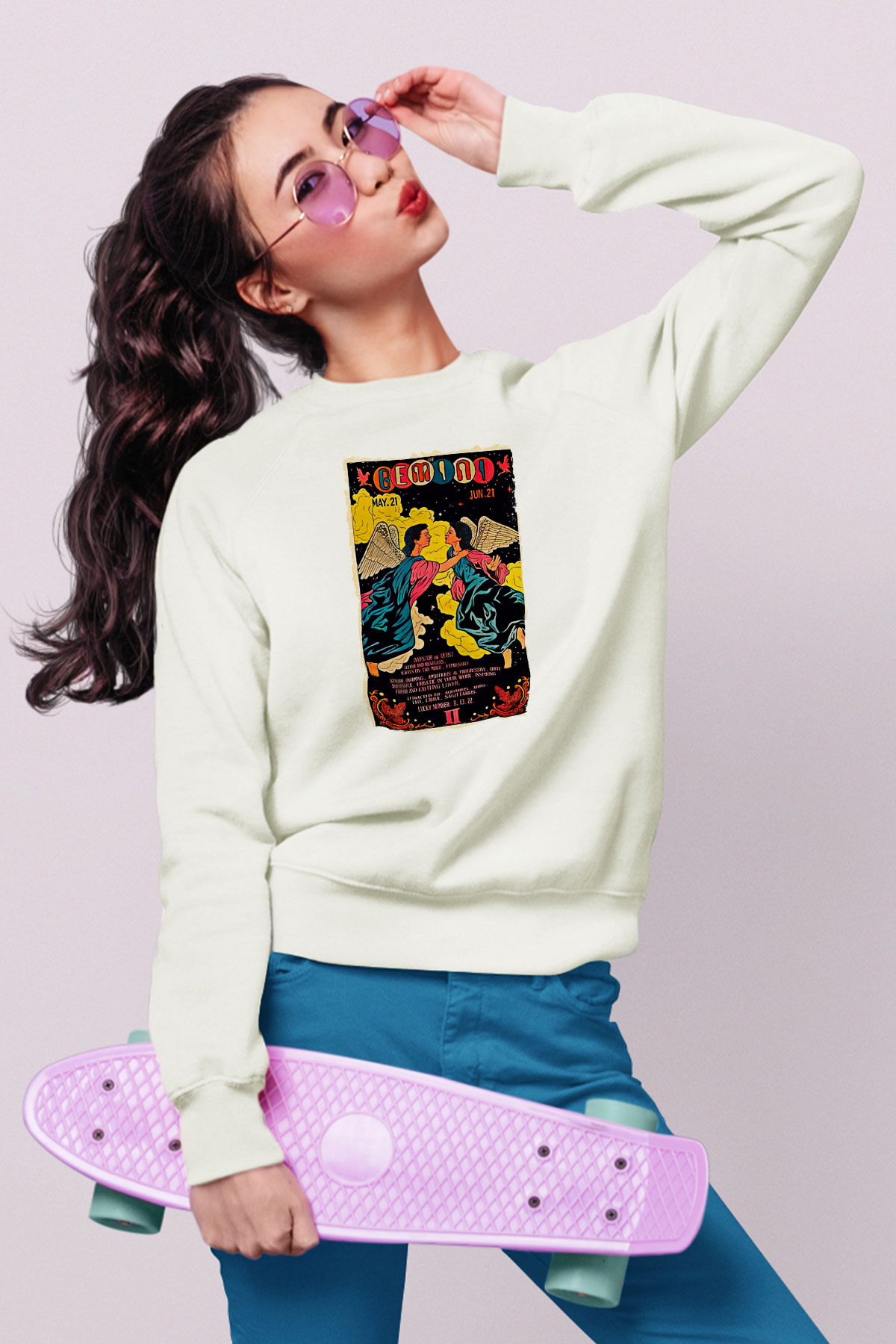 İkizler Burcu Baskılı Beyaz Unisex Sweatshirt