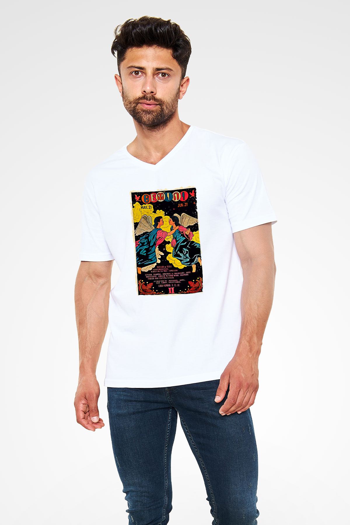 İkizler Burcu Baskılı Beyaz Unisex V Yaka Tişört - Tshirt