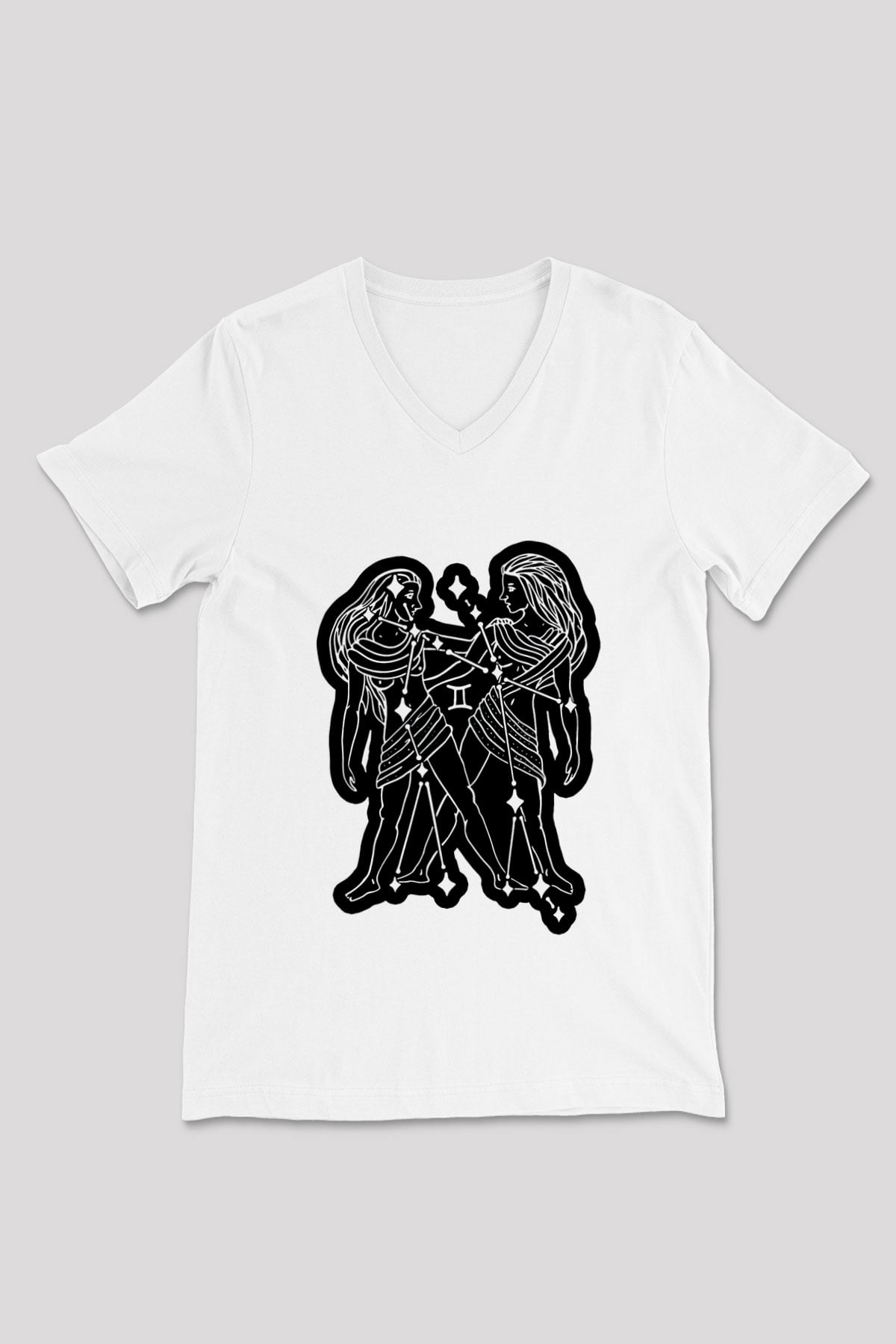İkizler Burcu Baskılı Beyaz Unisex V Yaka Tişört - Tshirt