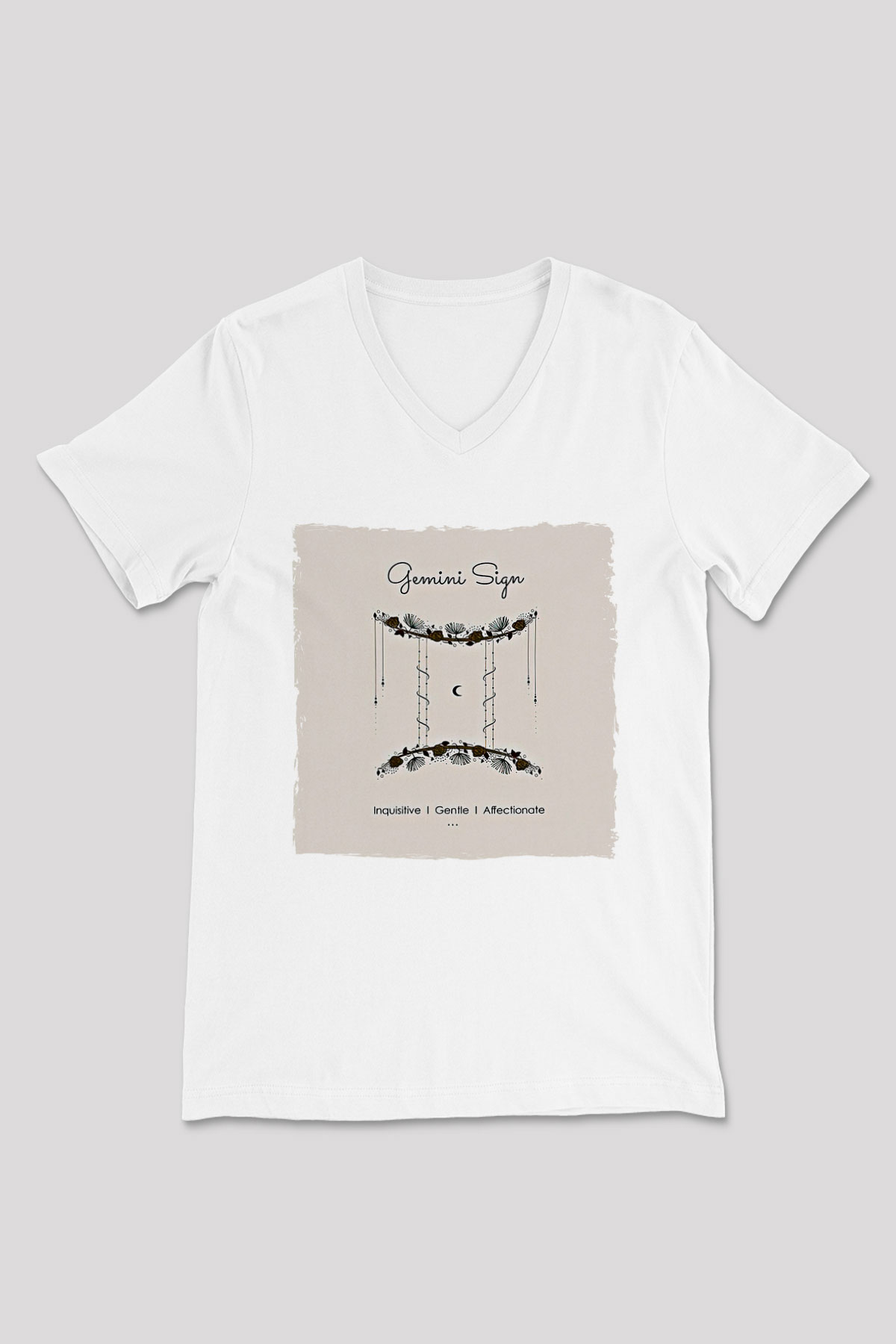 İkizler Burcu Baskılı Beyaz Unisex V Yaka Tişört - Tshirt